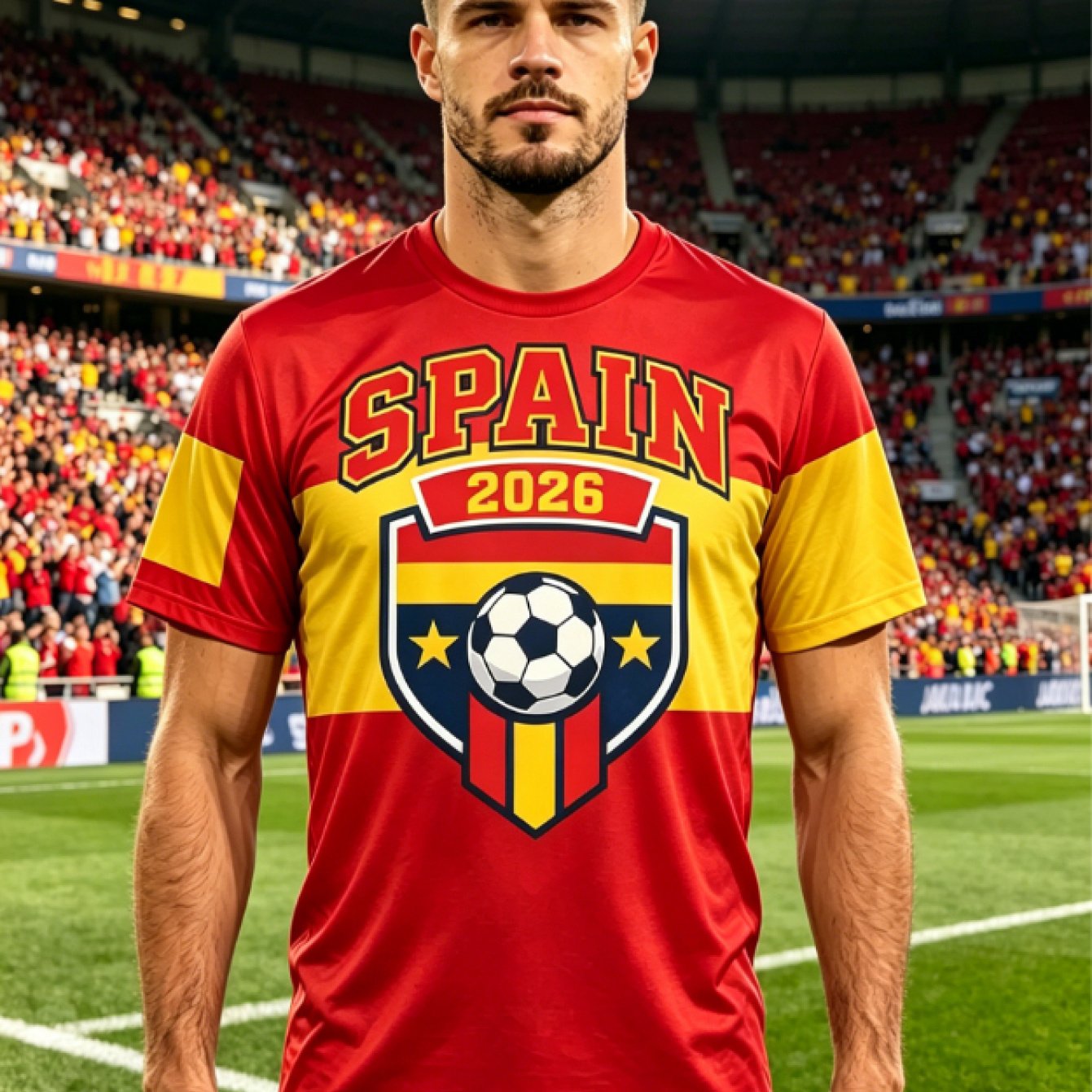 TEMU [printed Design-not Textured] Outing Essential, 2026 New Premium Spanish Flag Badge Jersey, Inclusive Cut Plus Size Men's Wear Suitable For Home