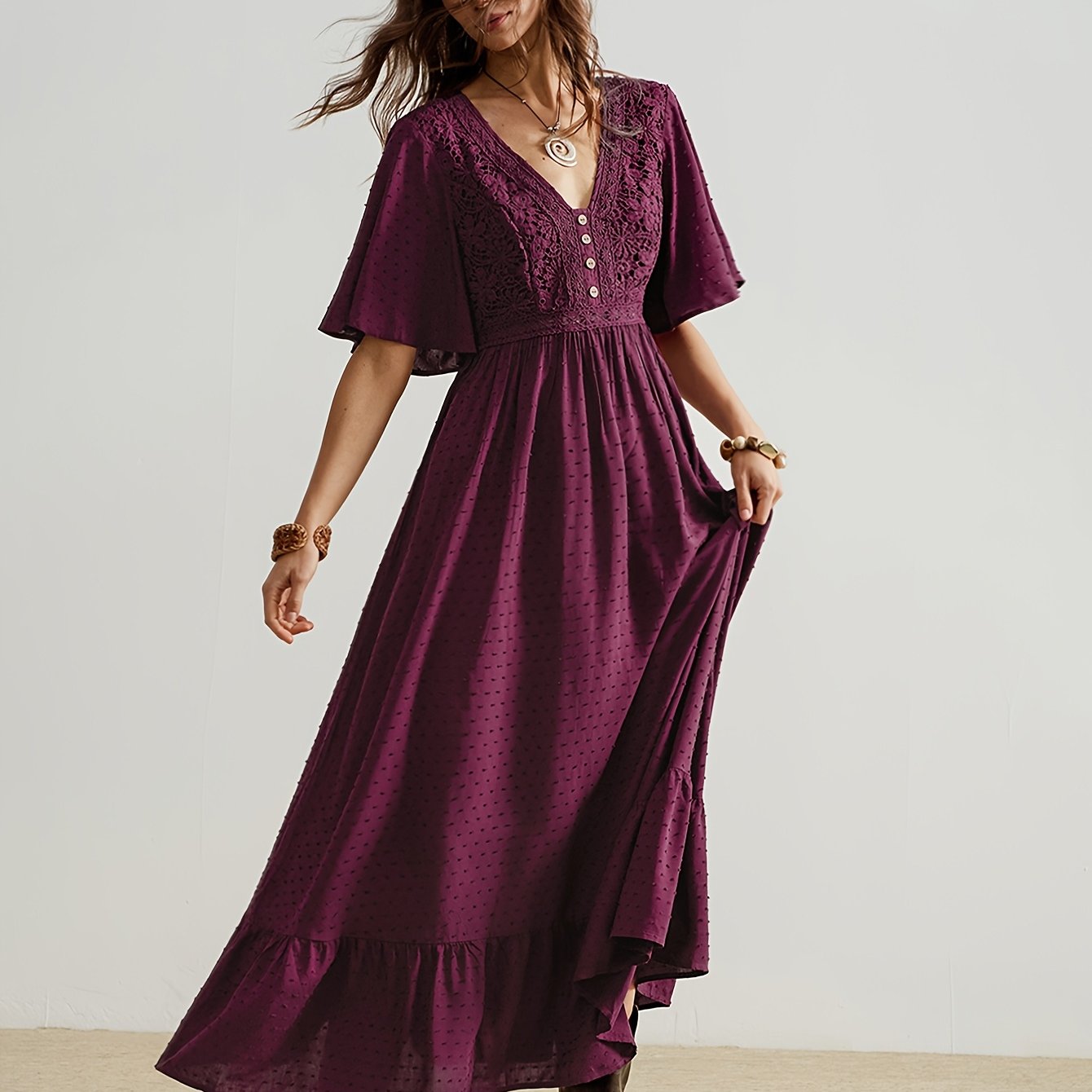TEMU Women's Bohemian Vacation Retro Casual Purple Short Sleeve Waist-cinching Long Dress