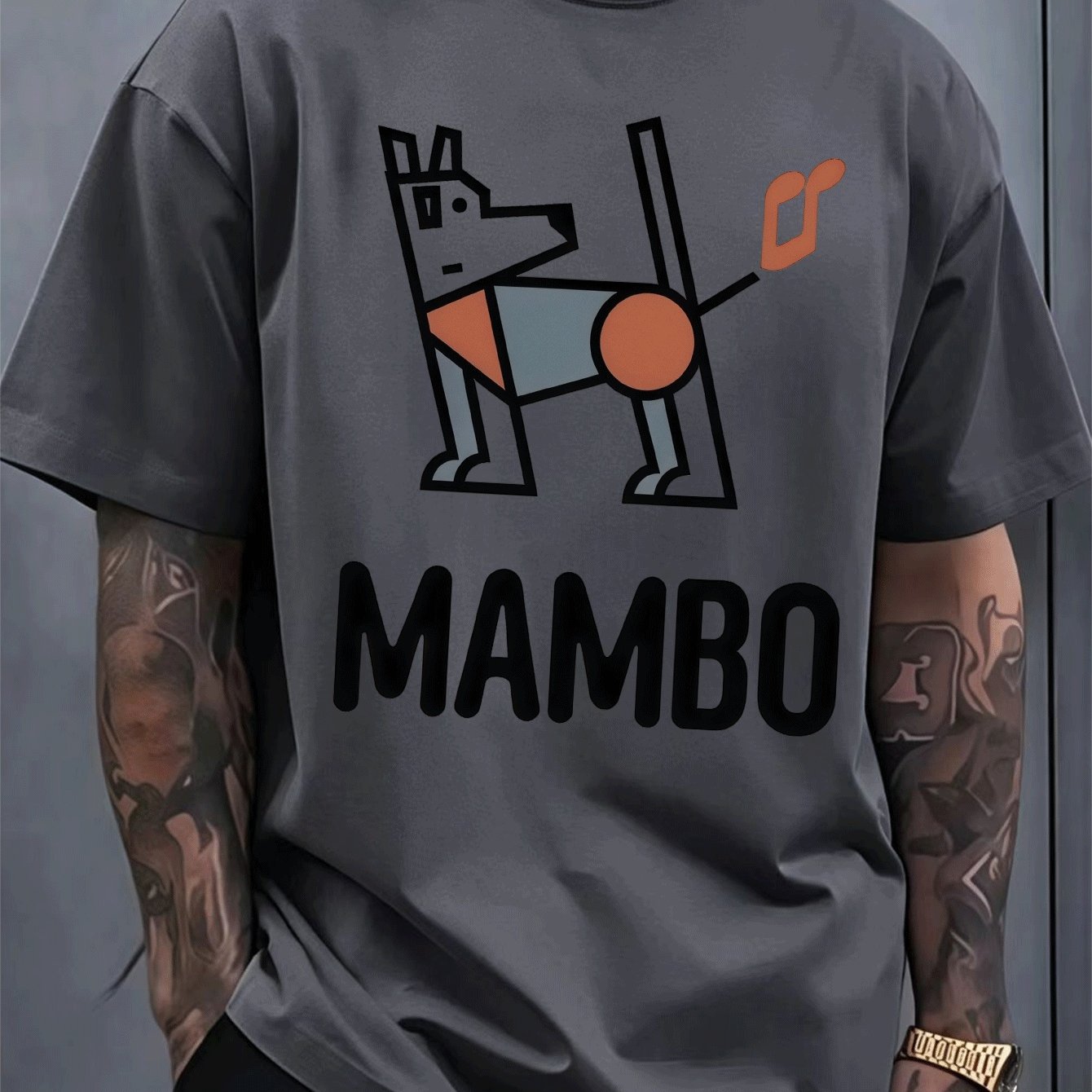 TEMU Men's Trendy Fun Geometric Dog Print T-shirt, Casual Breathable Crew Neck Top, Street Style Versatile Men's Clothing Suitable For Young And
