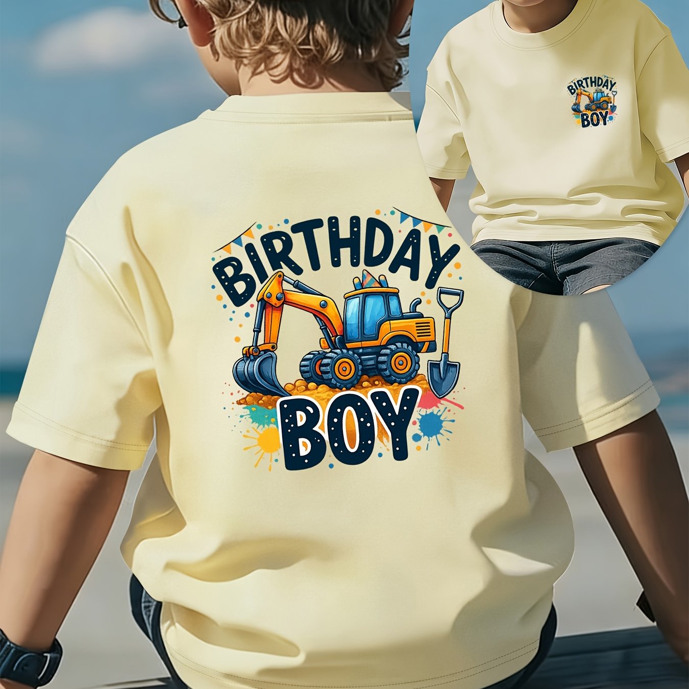 Image of Front And Back Printed Boys' T-shirt, Birthday Party Excavator Print Spring And Summer Round Neck Comfortable Short Sleeve, Stylish And Boys' Outdoor Wear