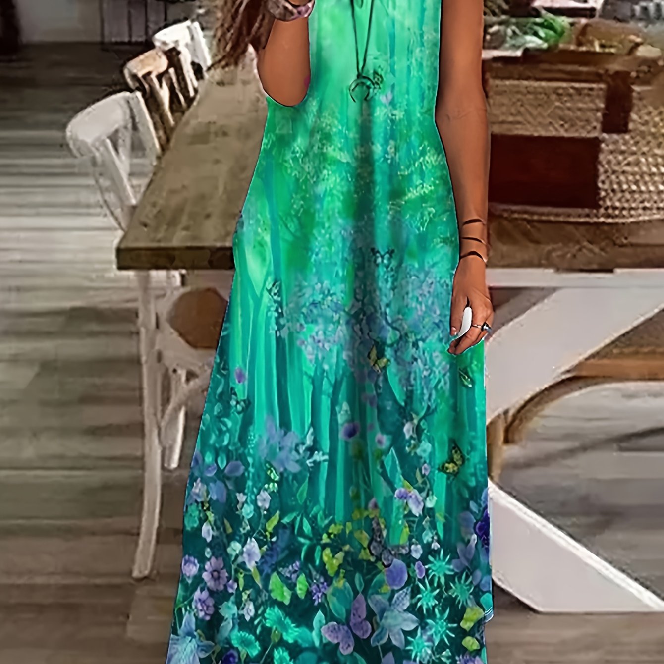 Image of [vibrant Dress] Vibrant Pink Ombre Women's Floral Print Short Sleeve Dress | Lightweight Breathable Machine Washable Midi Dress For Spring Summer Fall, Beach Vacation & Casual