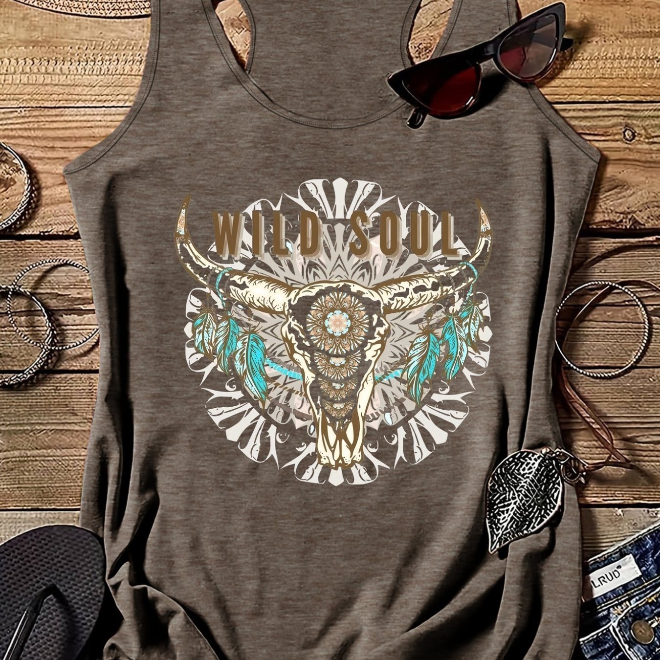 TEMU Wild Spirit, Cow Skull Print Women's Fashion Round Neck Tank Top Pb-211