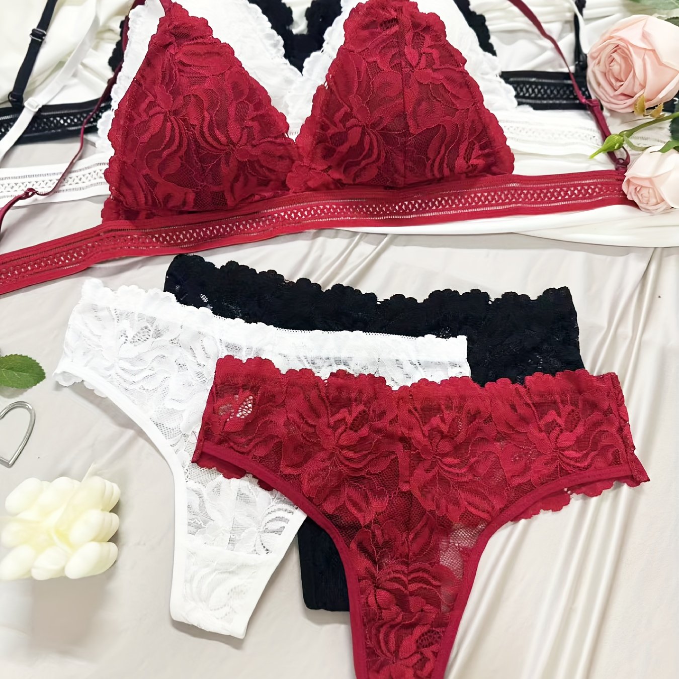 E-shop 6-teiliges sexy Damen Unterwäsche Set mit Spitze, Push-Up Seitenstütze Wireless BH, rückenfreier, bustierförmiger BH für kleine Brüste