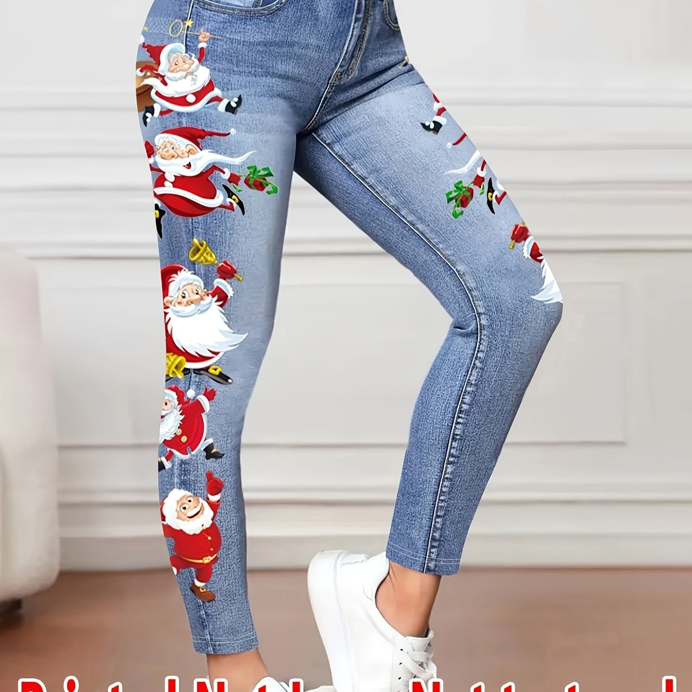 TEMU Pantalones estampados - Tela mezclilla] Leggings estampados - Tela mezclilla, Pantalones largos de mujer, Leggings de de mezclilla con estampado