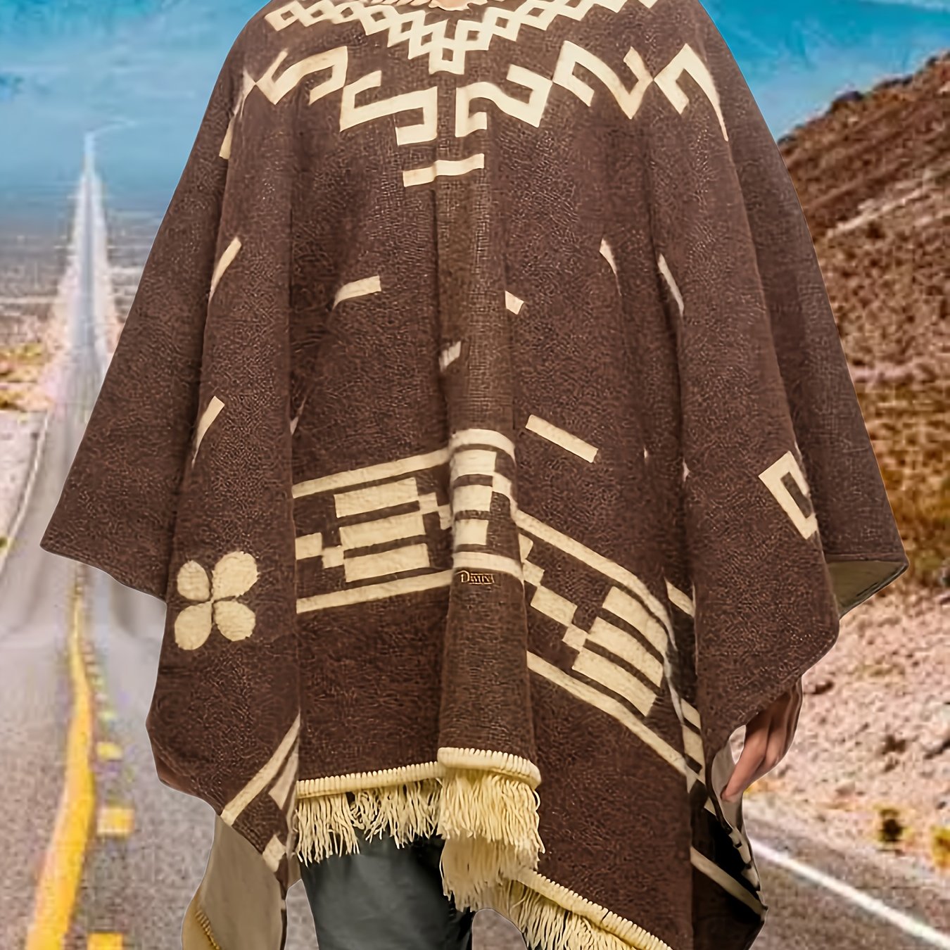 TEMU Men's Western Cape Coat Featuring Tassel Trim - Cozy Non-stretch V-neck Style In Brown, Beige, Black, And White For Cowboy Outfits, Themed