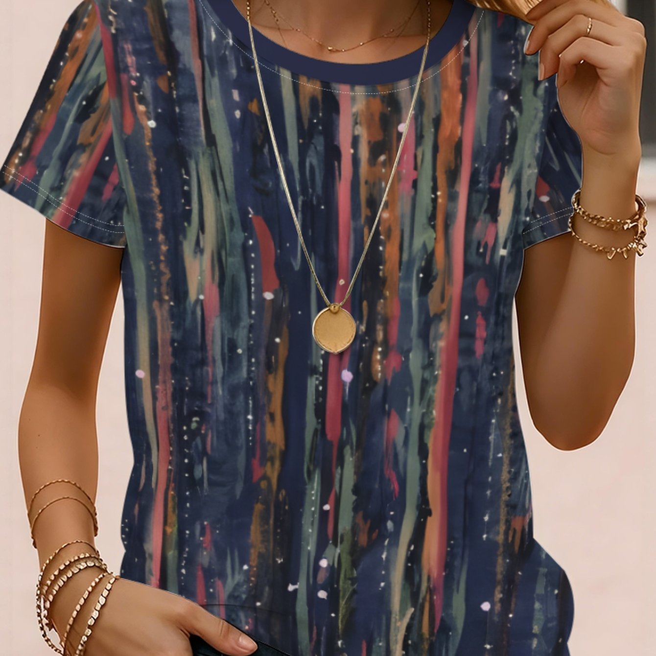 TEMU Camiseta con diseño estampado sin , colorido de galaxia, verano, , cuello , manga corta, top de mujer, cómoda, , casual, para uso diario y