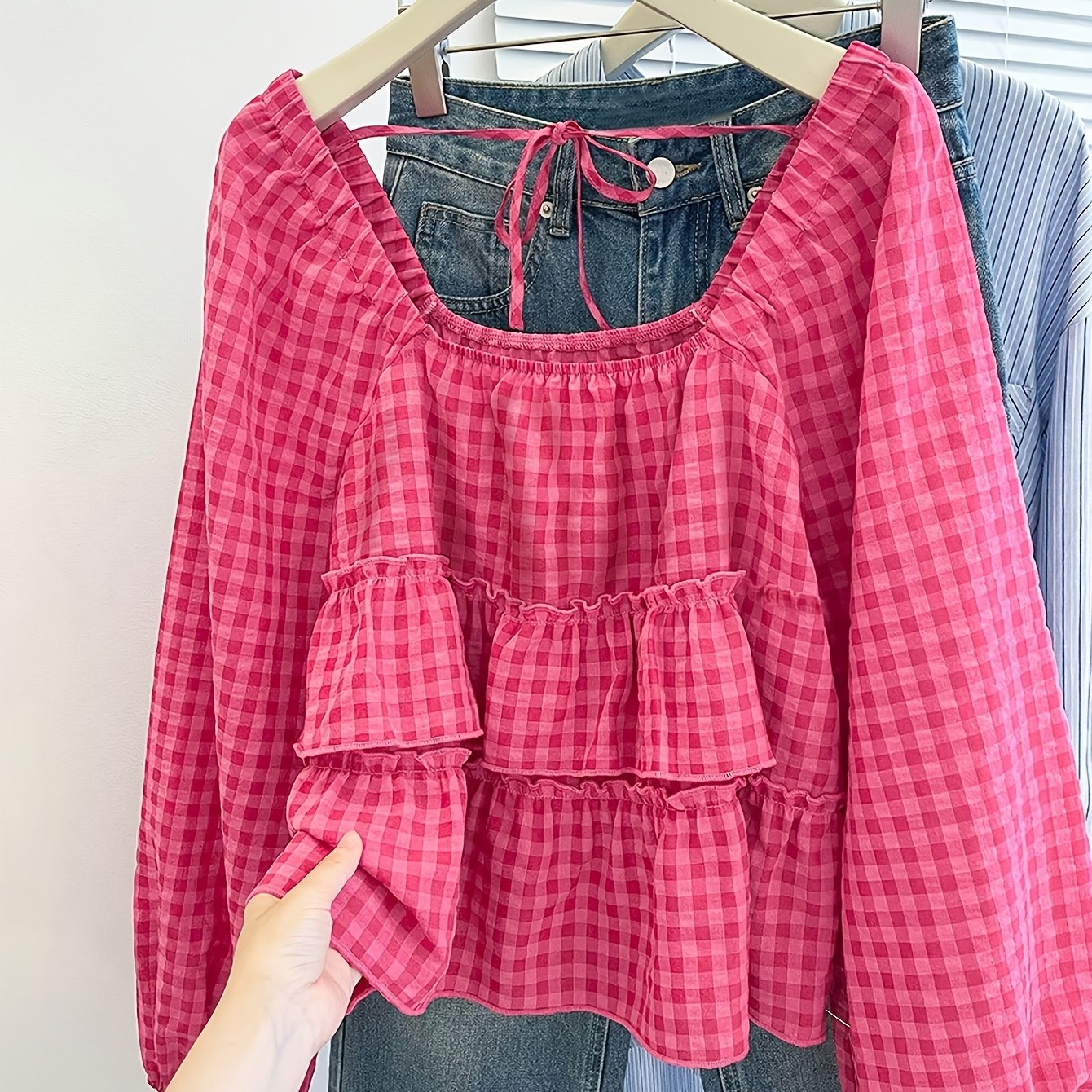 E-shop Neue Modische Elegante Karierte Quadrat-Ausschnitt Schleifen-Casual Damen Langarmhemd