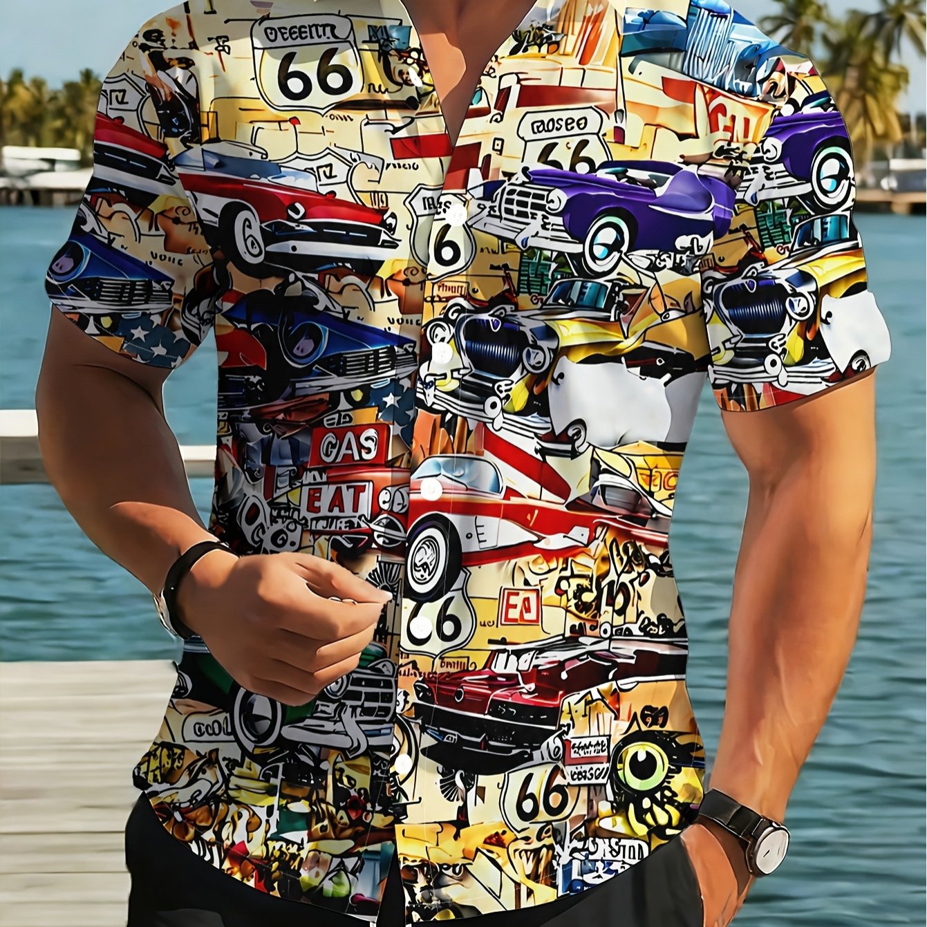 TEMU New Hawaiian Shirt With Retro Car And Elements Collage Print, Button-up Men's Shirt Suitable For Daily , Casual , Dates, Friend Gatherings, And