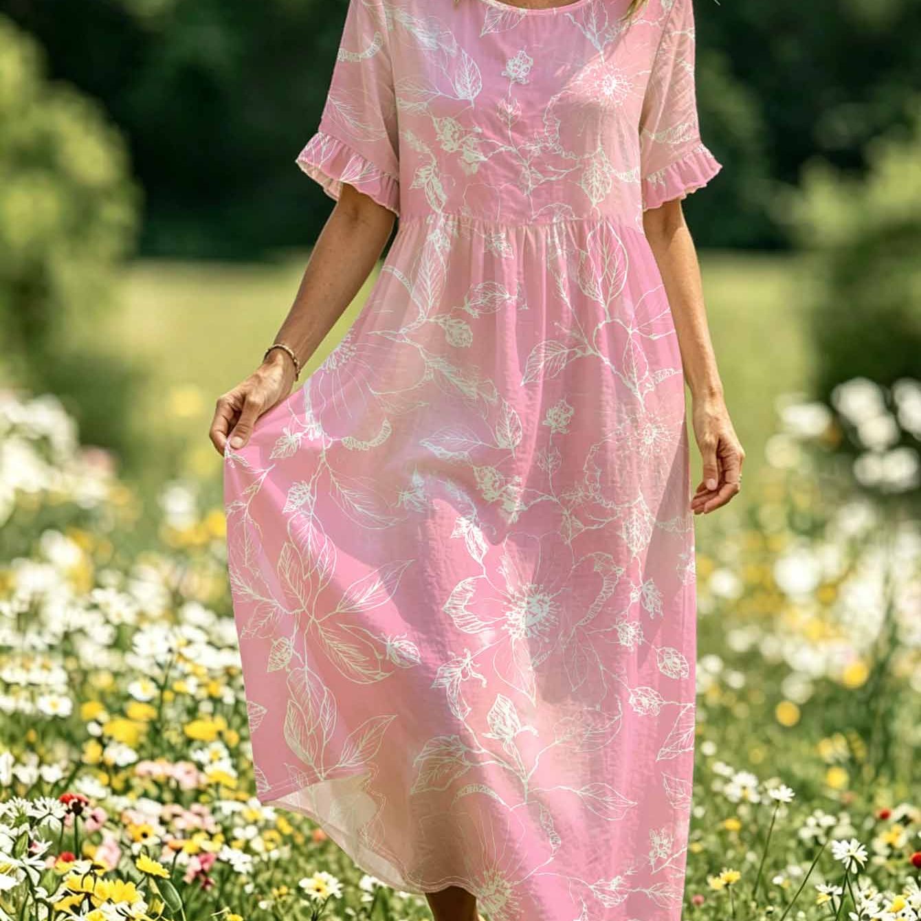 Image of Plus Size - Plus-size Women's Gradient Pink Midi Dress With White Line Floral Print, Round Neck Short Sleeves And Empire A-line Waist. Lightweight Breathable Fabric, Loose Figure-flattering Fit