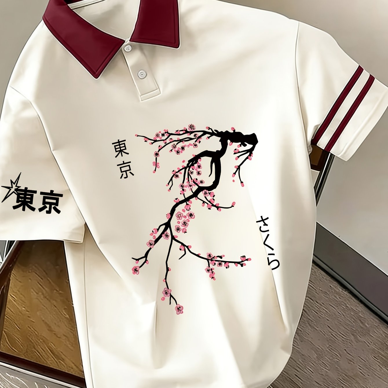 TEMU -block Shirt, Large Japanese Cherry Print And "tokyo" Sleeve Label, Casual Short Sleeve T-shirt For Home And