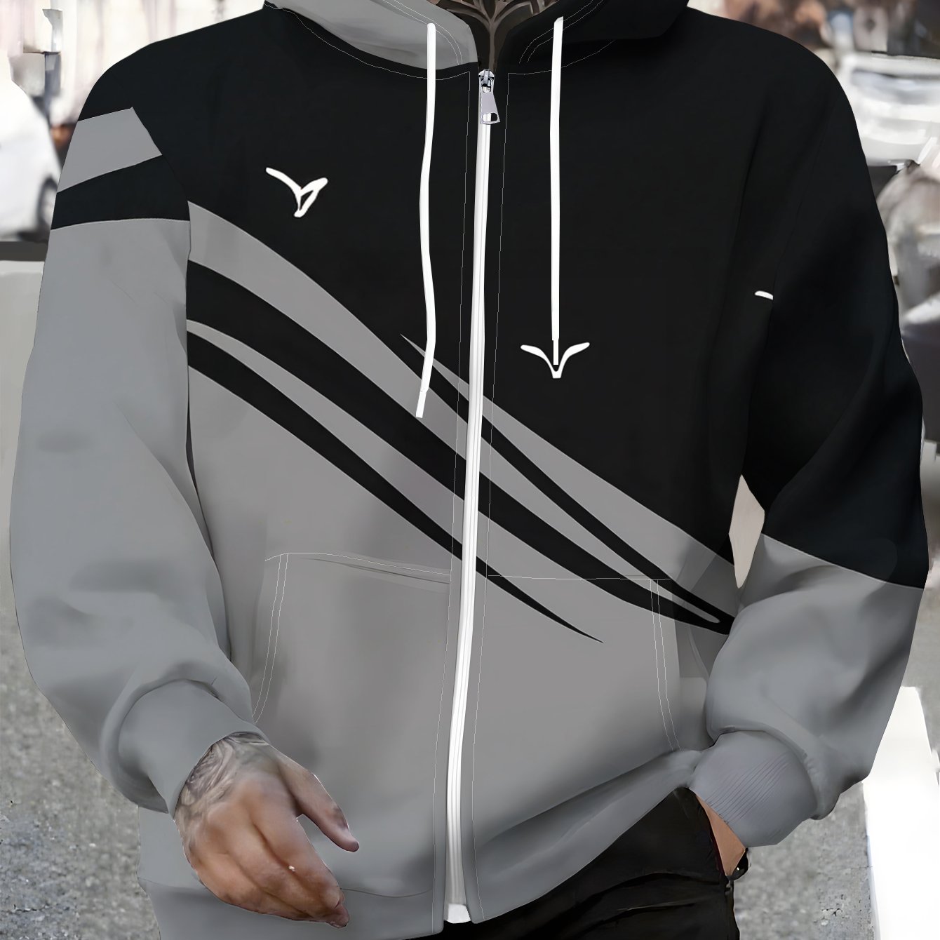 TEMU Men's Zip-up Hoodie - Men's Zip-up Casual Pullover Hooded Sweatshirt - Pattern, Gray And Black Striped , Autumn/winter Wear, Machine Washable,