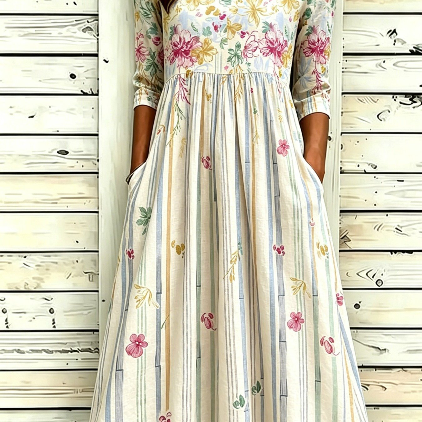 Women's Floral Striped Print Round-neck Midi Dress With Pockets