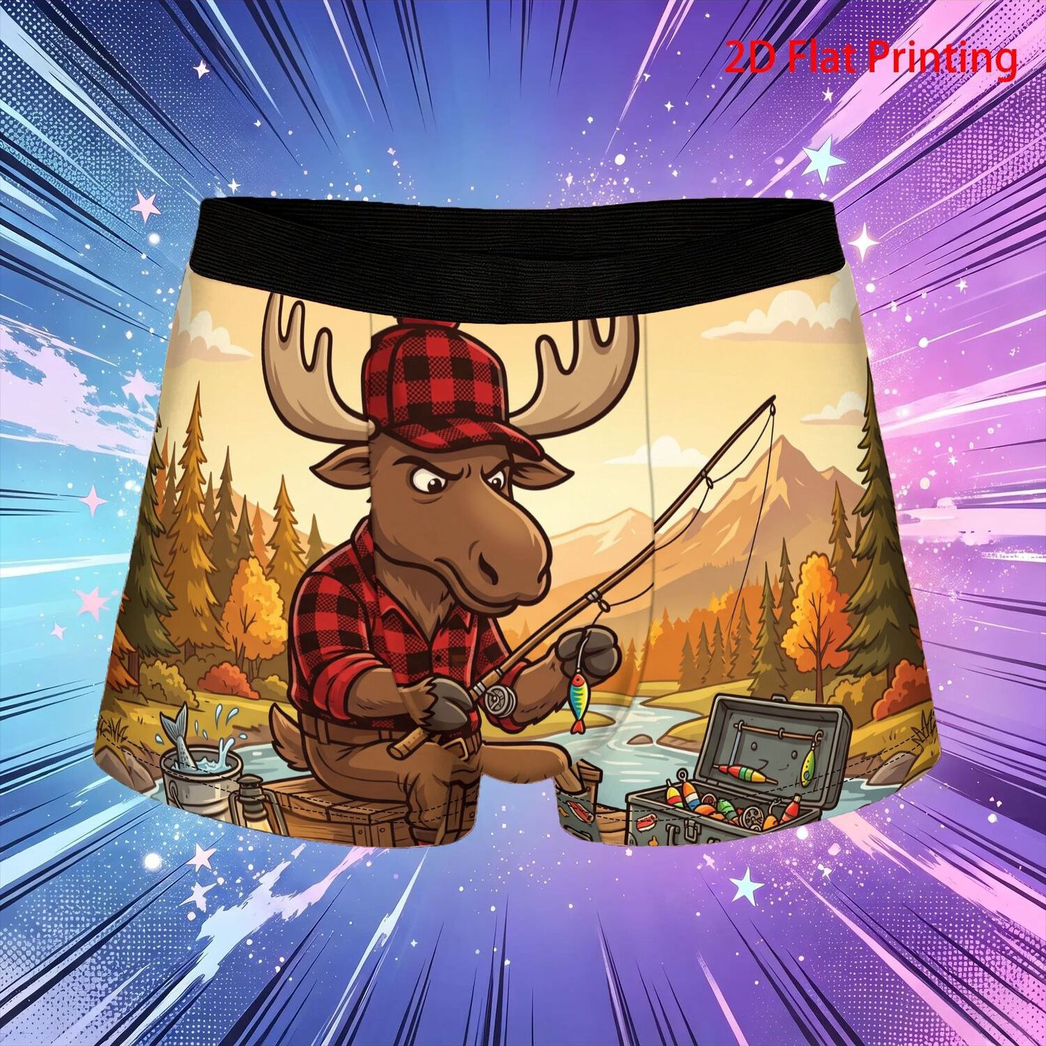 TEMU 1pc 2d Flat Printing Funny Moose Fishing By River Underpants Men's Panties Comfortable Shorts Boxer Briefs