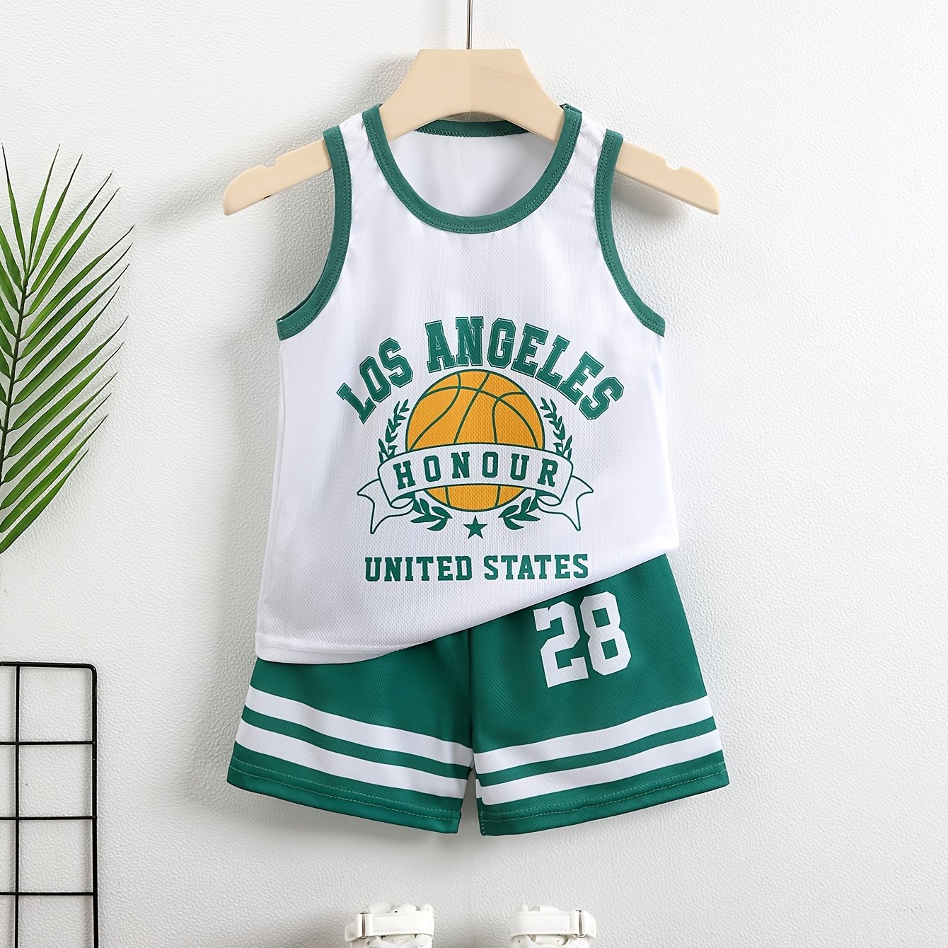 Image of Boys' Athletic Set, Los Angeles Size 28 Letter Print Design, Quick-dry Fabric, Soft And Skin-friendly, Breathable, Casual Wear, For Outdoor