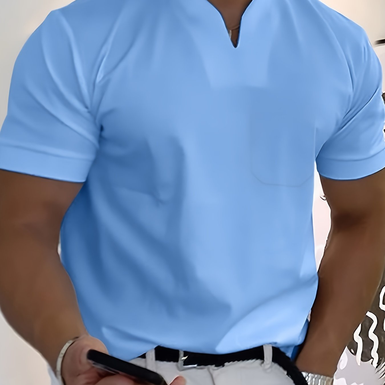 TEMU Summer Outdoor Casual Fashion, Men' Color V-neck Short Sleeve Regular Fit T-shirt