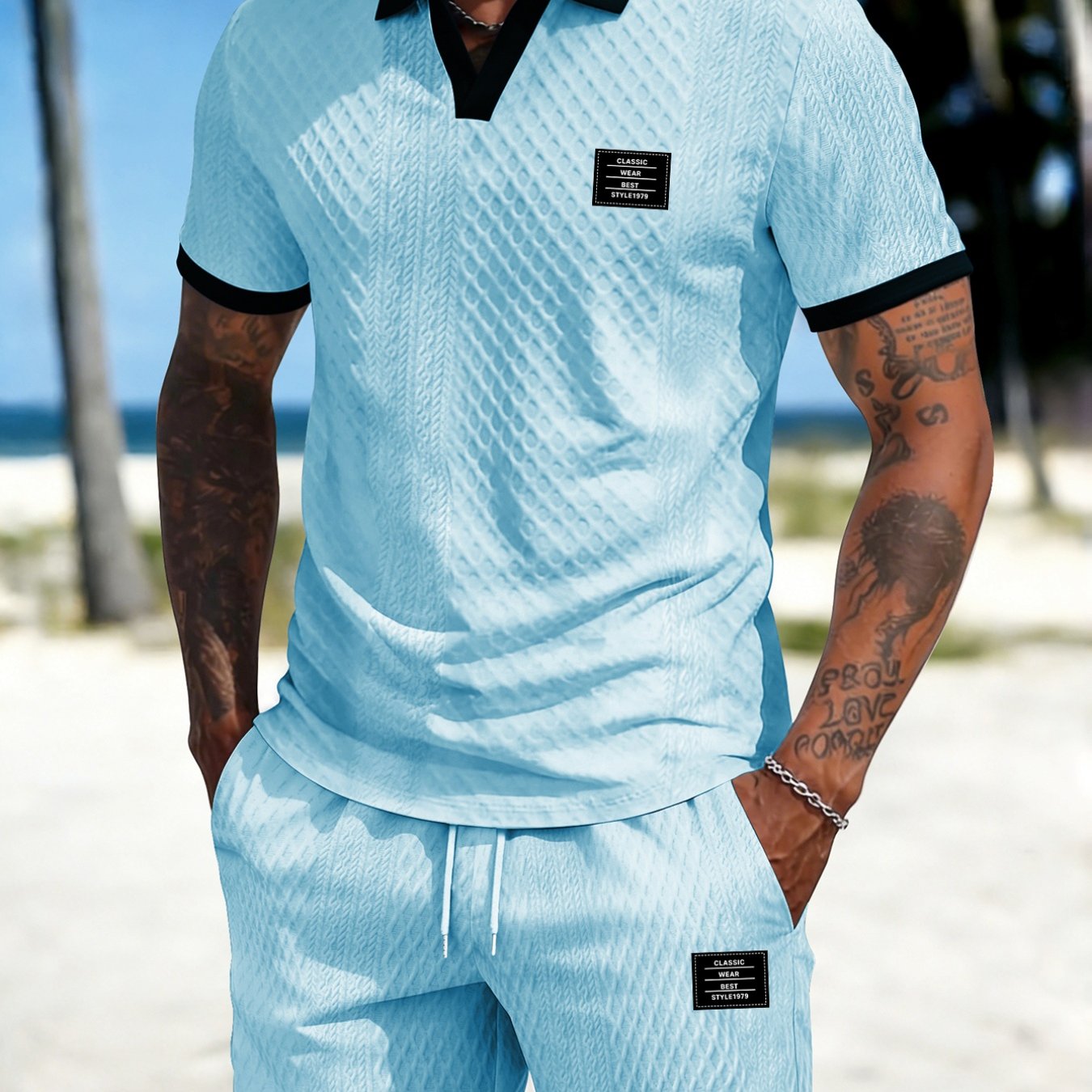 TEMU Men's Short Sleeve Random Texture V-neck Suit, Diamond Jacquard Breathable T-shirt And Athletic Shorts, Men's Wear