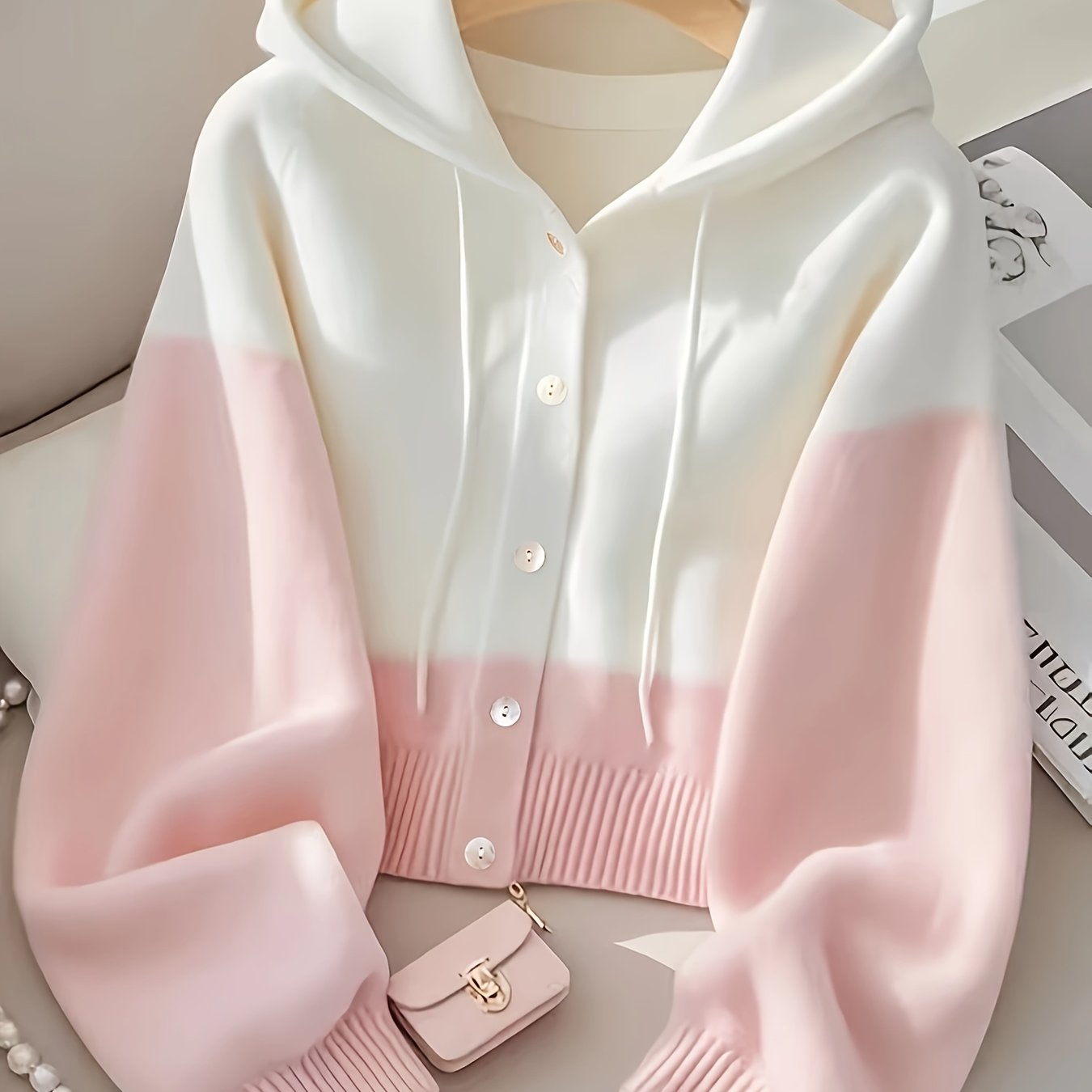 Image of [ ] Korean Style Pink Hooded Sweater Women's Spring Autumn -reducing Lazy Long Sleeve Top Loose Top [add Wen]