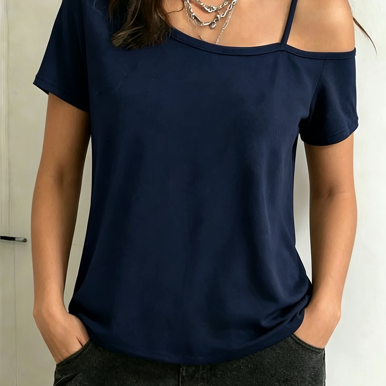 TEMU Women's Off-shoulder Short Sleeve T-shirt, Solid Color Single Strap Casual Sport Top, Soft And Comfortable Fabric, Suitable For Spring, Summer,