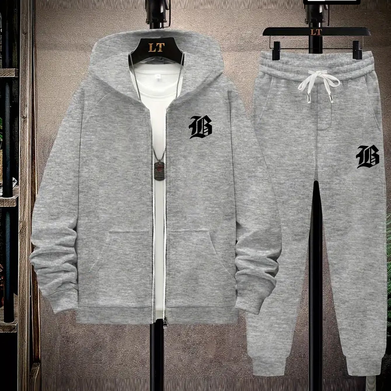 TEMU Men's Plus Size Casual Sweatshirt Set, Fleece-lined Hooded Zipper Cardigan, Creative "b" Letter Small Logo Print Pattern, Pocket Casual