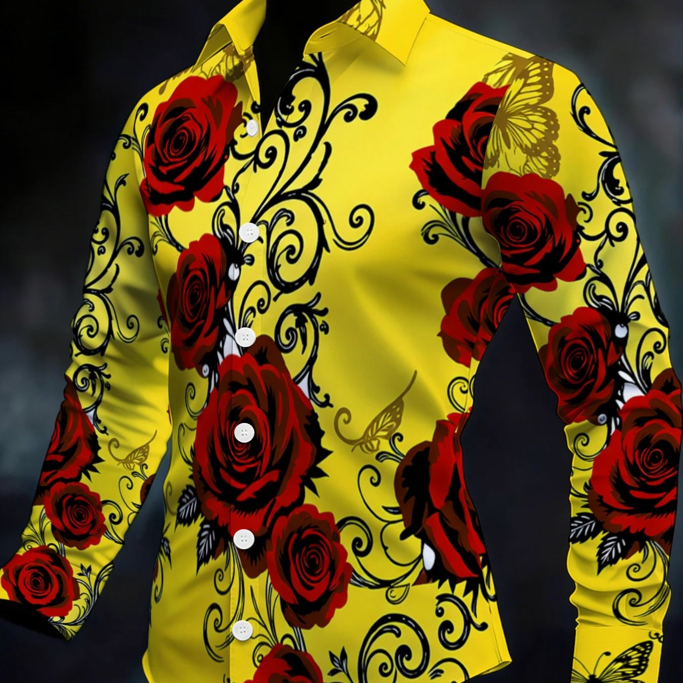 TEMU Men's Rose Print Button-up Shirt - Collar Long Sleeve Top With Button Front, Machine Washable Non-stretch Fabric Suitable For Casual & -casual