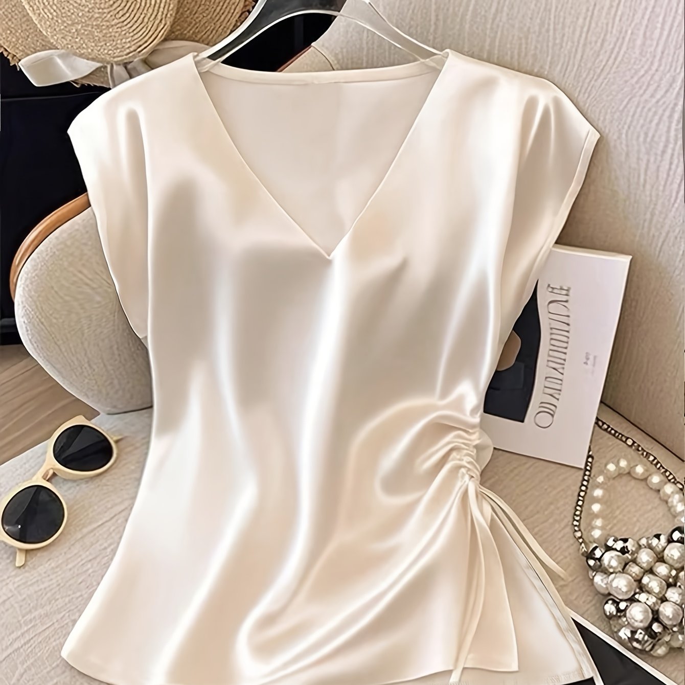 TEMU Plus Size - Plus Size - Spring/autumn Style Women' Satin V-neck Ruched Elegant Blouse