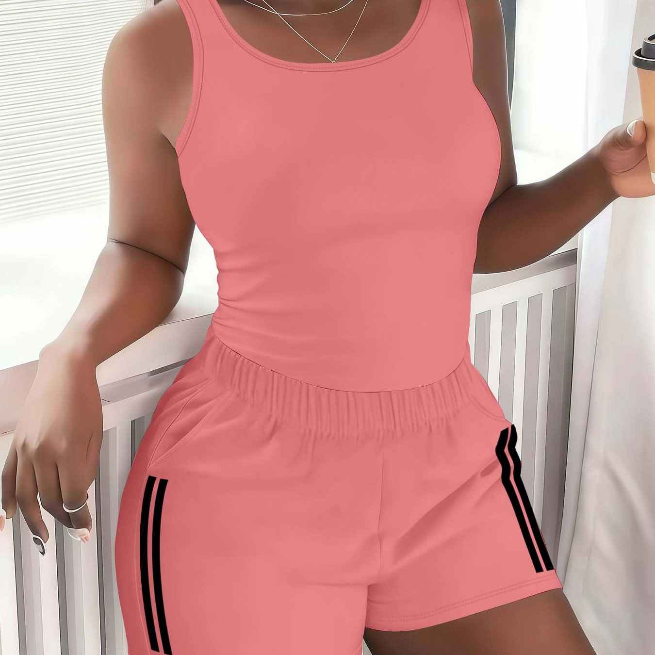TEMU 2026 Spring/summer Women's Wear Cool Fashion Black Striped Print Sleeveless Comfortable Casual Individual Street Style Vest And Shorts Two-piece