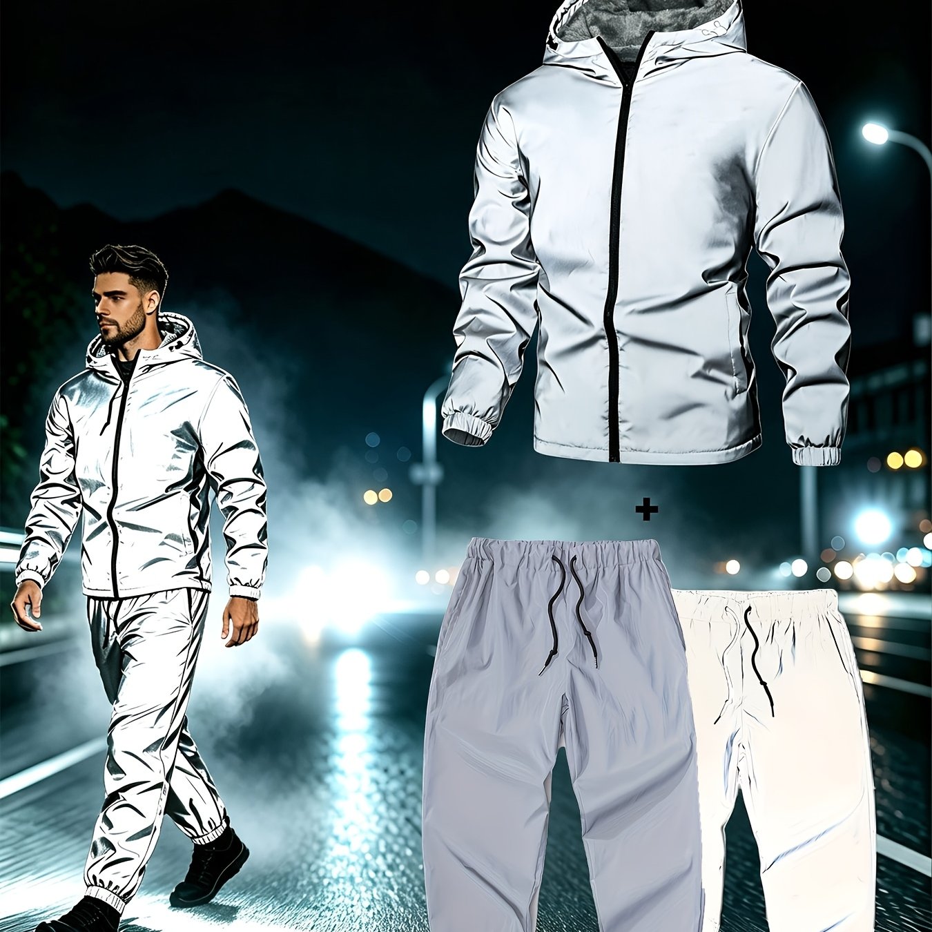 TEMU Men's Autumn/winter -lined Hooded Jacket And Jogger Pants 2pcs Set, Nighttime Safety And Outdoor Set For Running, Cycling, Walking, And