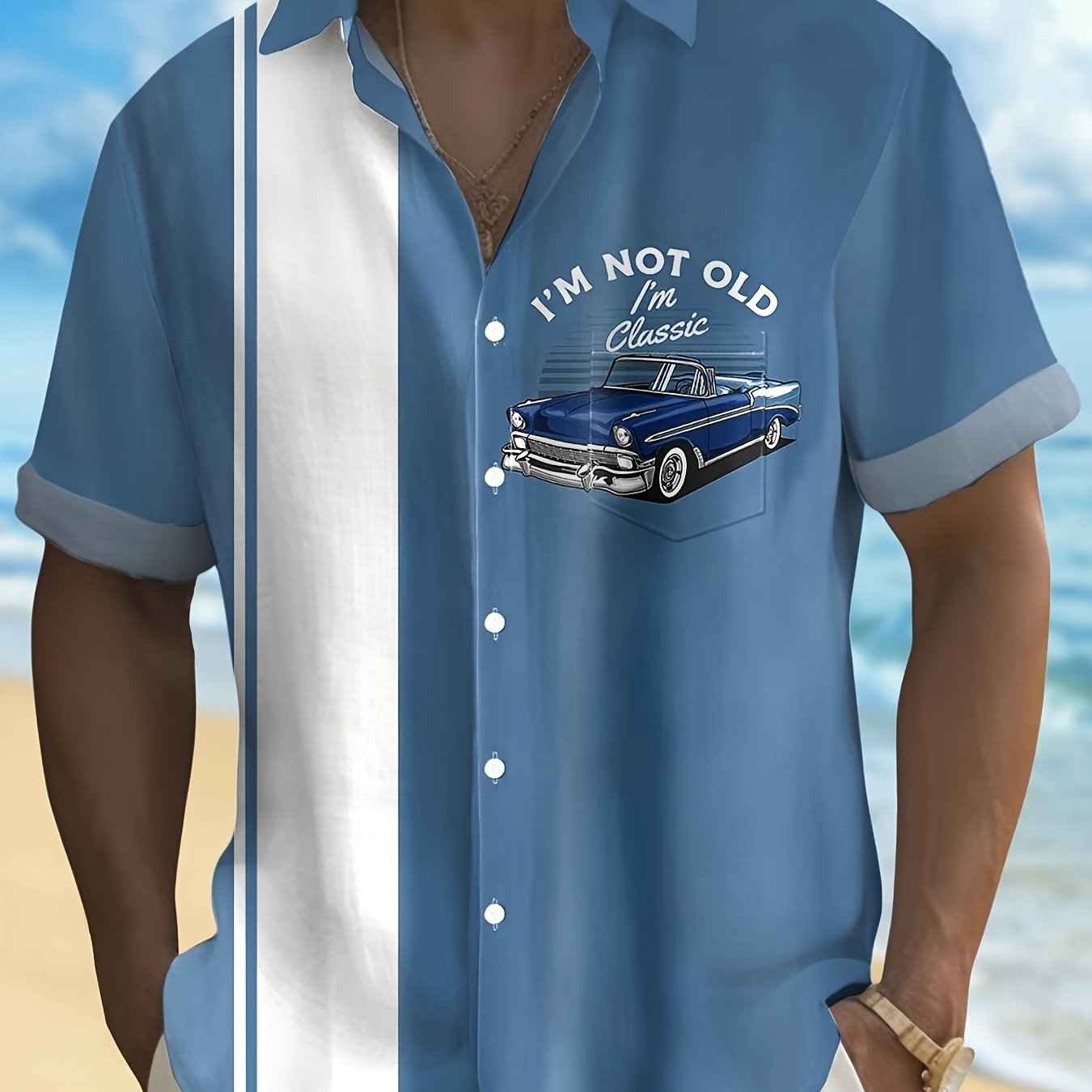 Image of Retro Classic Car Contrast Striped Print Men's Plus Size Button-pocket Shirt
