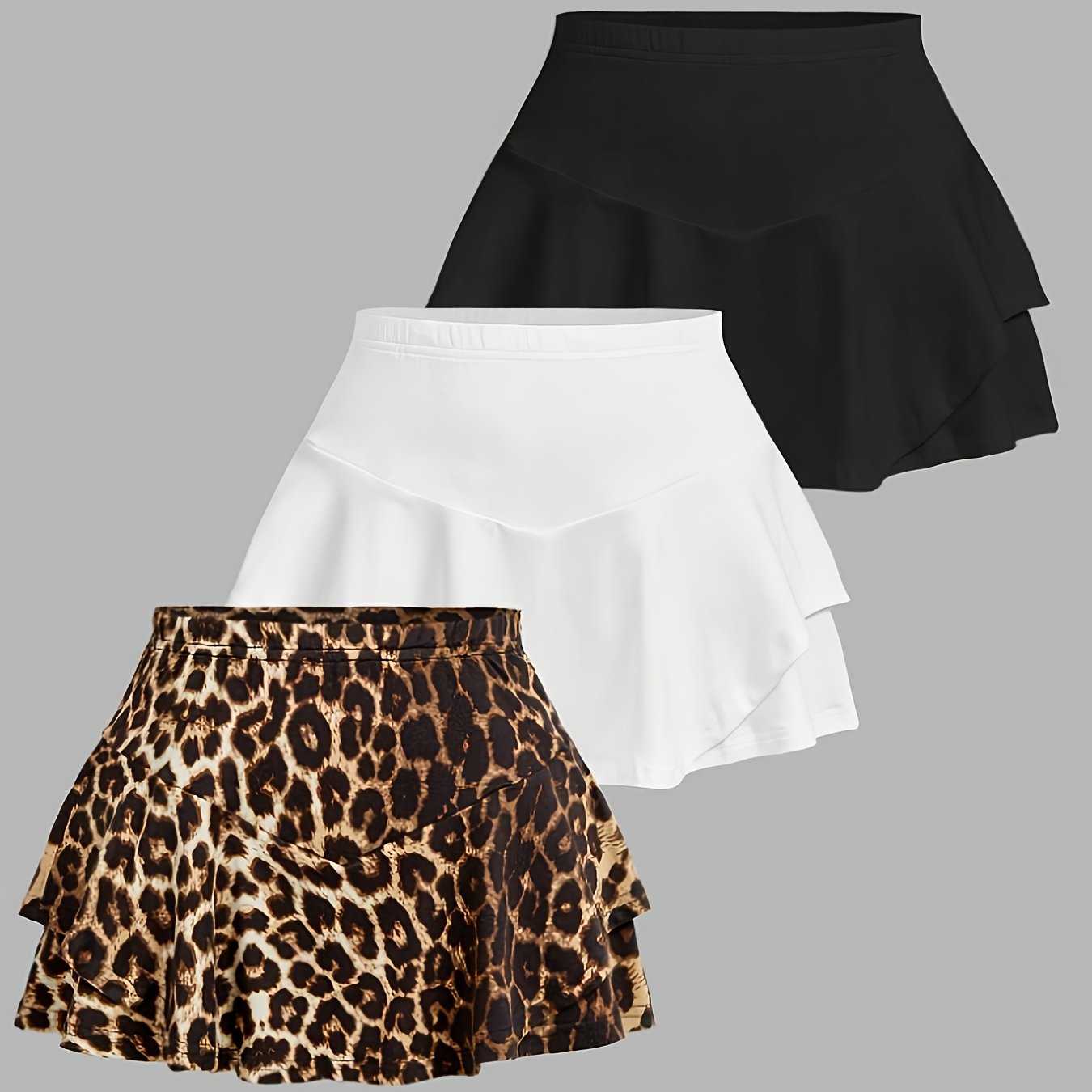 E-shop Damen Leopard Print Einfarbiger Rock Kurzer Rock 3-teiliges Set DP111169
