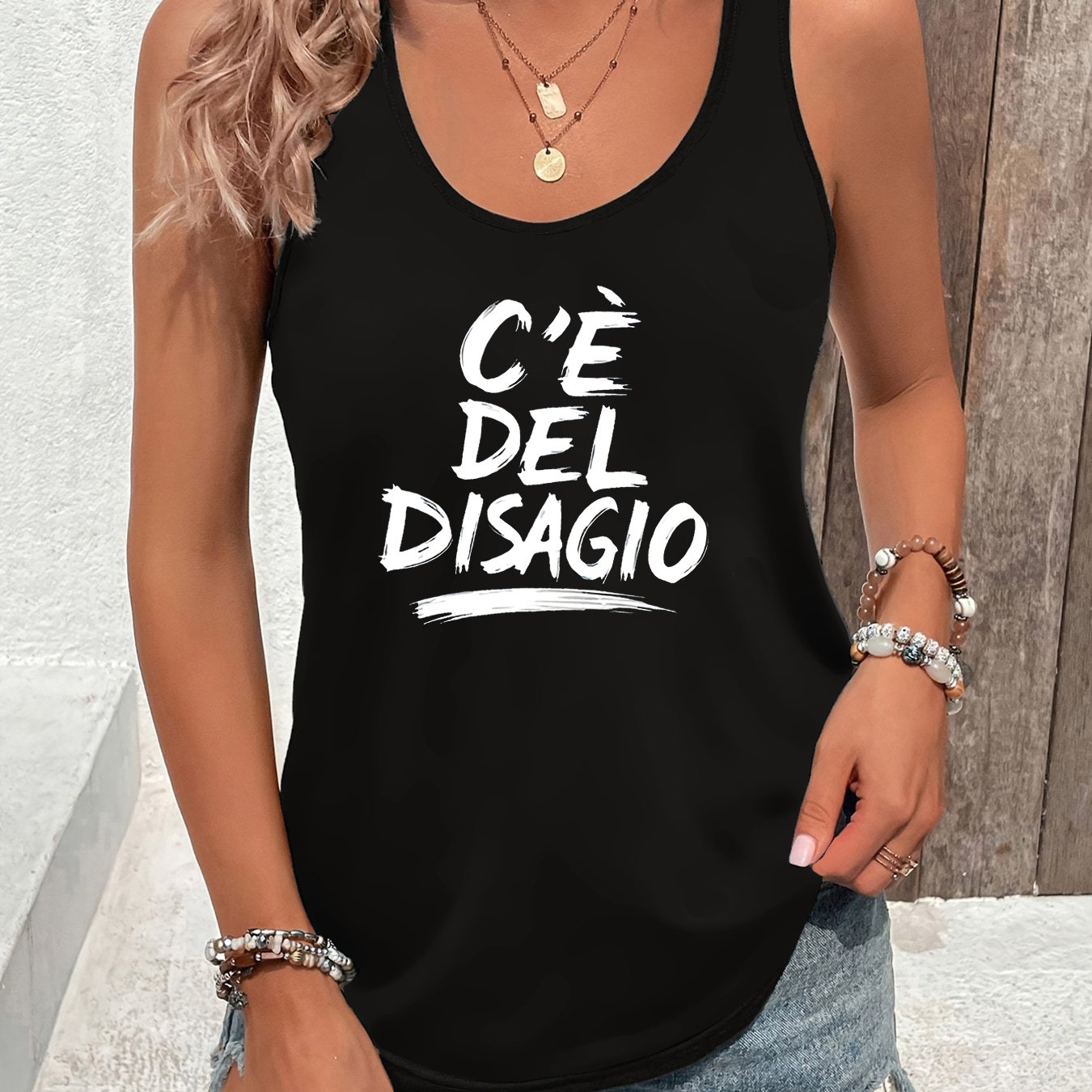 TEMU Canotta con stampa "C'E Del Disagio Letter", top casual senza maniche per estate e , abbigliamento da donna