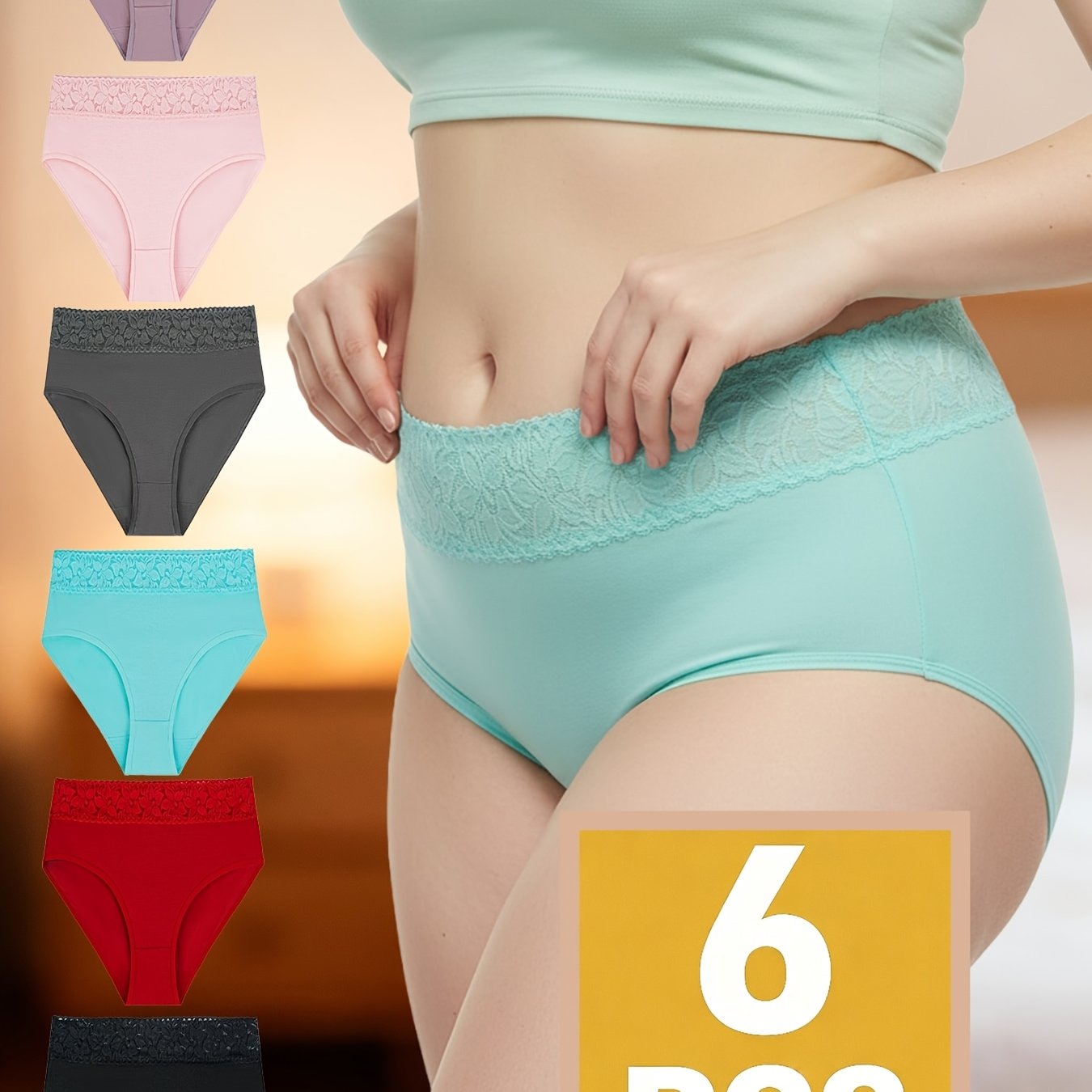 Image of 6pcs C Whale Fall E-commerce New European And Plus Size Lace Women's Mid-waist Briefs