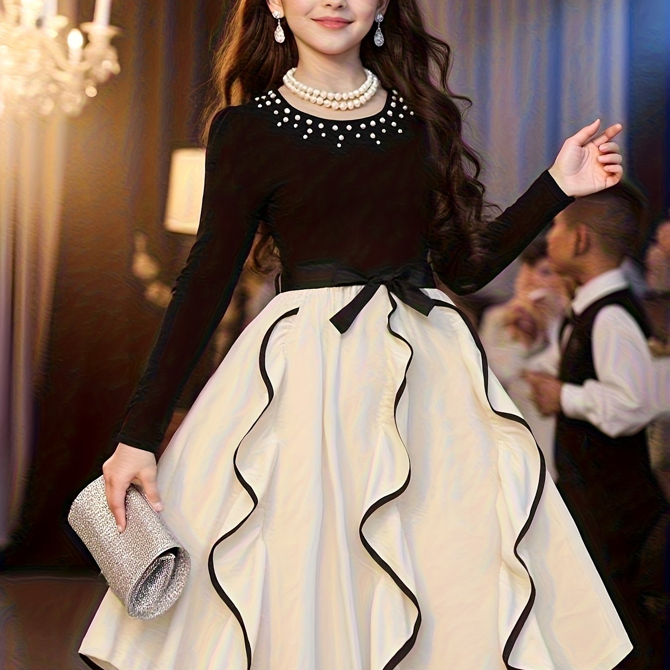 Image of Girls' Fashion Contrast Ribbon Beaded Round Neck Dress Spring, Autumn Essentials