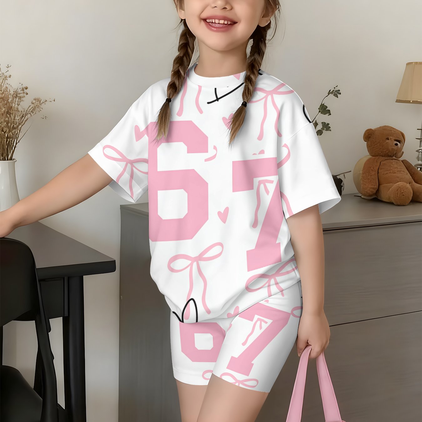 Girls' Shorts Set Cute And Stylish Printed Outfit, Perfect For Outdoor