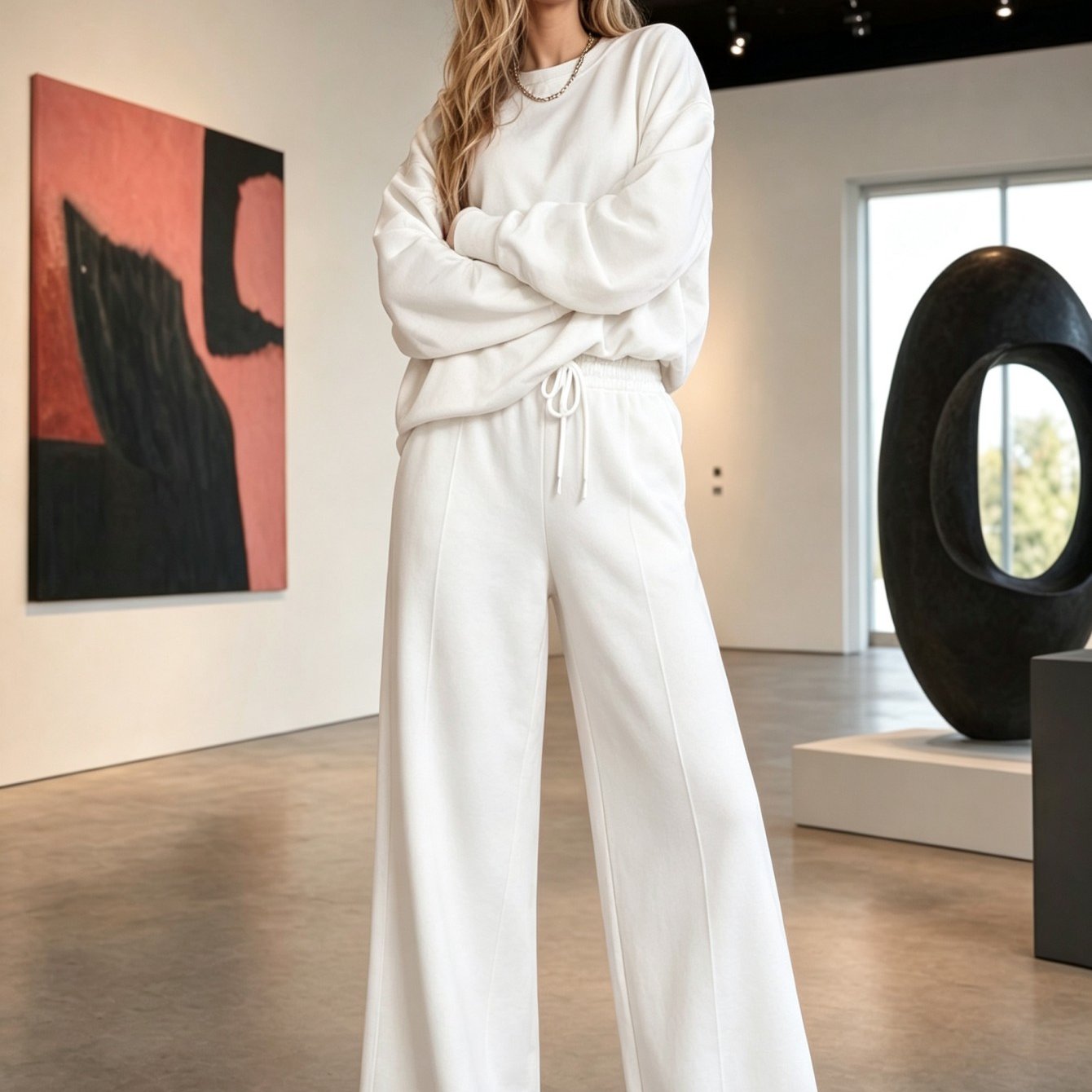 TEMU Minimalist Solid Color Womens 2pcs Set Crew Neck Sweatshirt High Waist Wide Leg Sweatpants Essential Spring Summer Trend Durable Casual Fashion