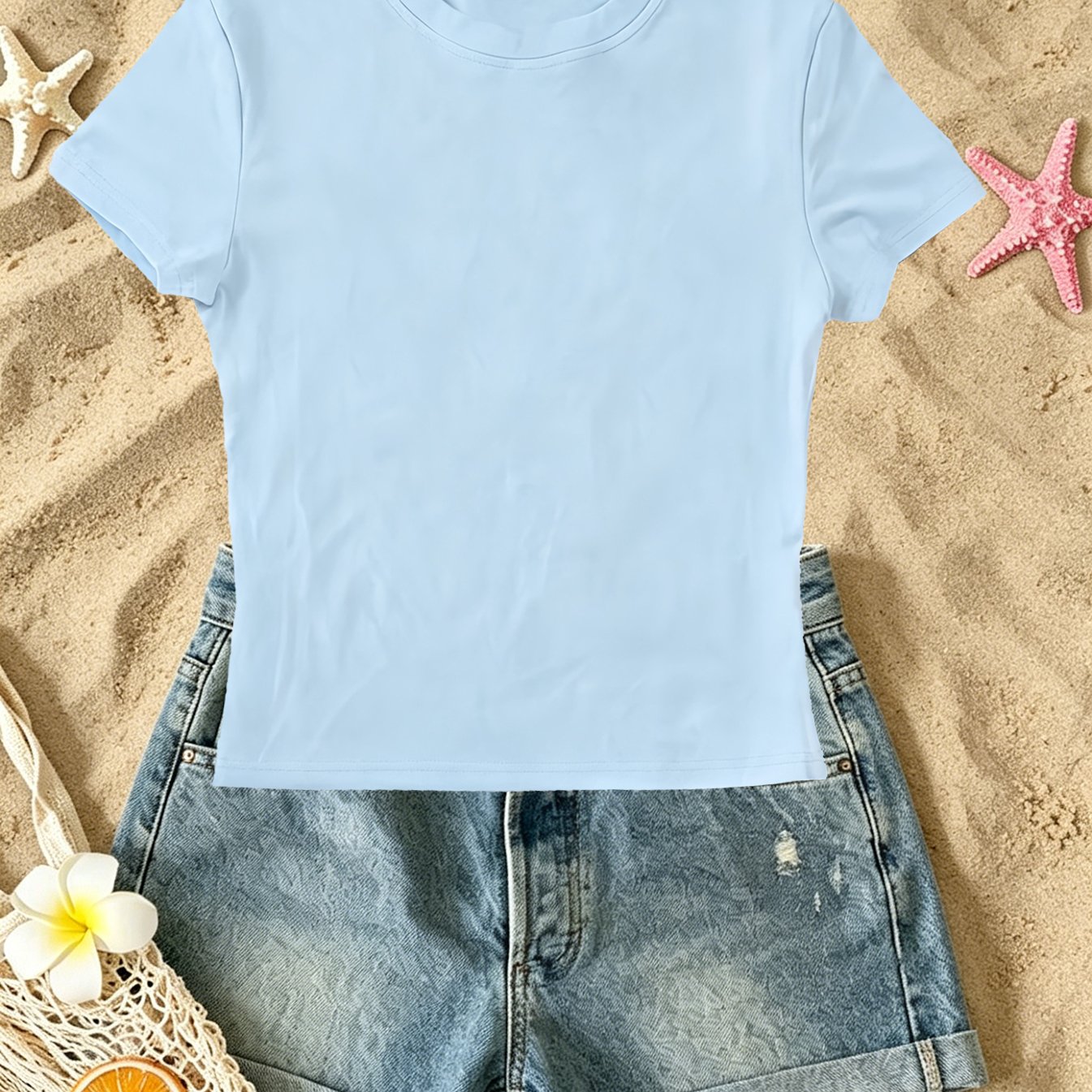 TEMU Summer Instagram- Blue Cropped T-shirt, Solid Color With Simple No-pattern Design, Slim-fit Flattering Versatile Short-sleeve Top For Daily