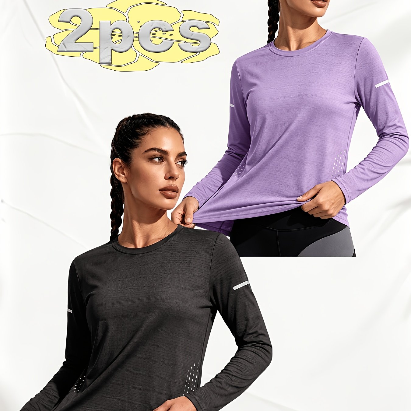 TEMU 2pcs Women's Quick-dry Mesh Breathable Long-sleeve Elastic Outdoor T-shirt, Suitable For , Sports, Running, And Fitness Wear