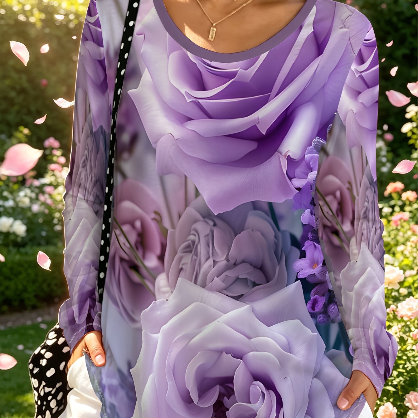 TEMU Plus Size, Women's Plus Size Oversized Loose Fit Long Sleeve T-shirt - Full-body Purple Rose Print Crew Neck Suitable For Fall/winter Layering,