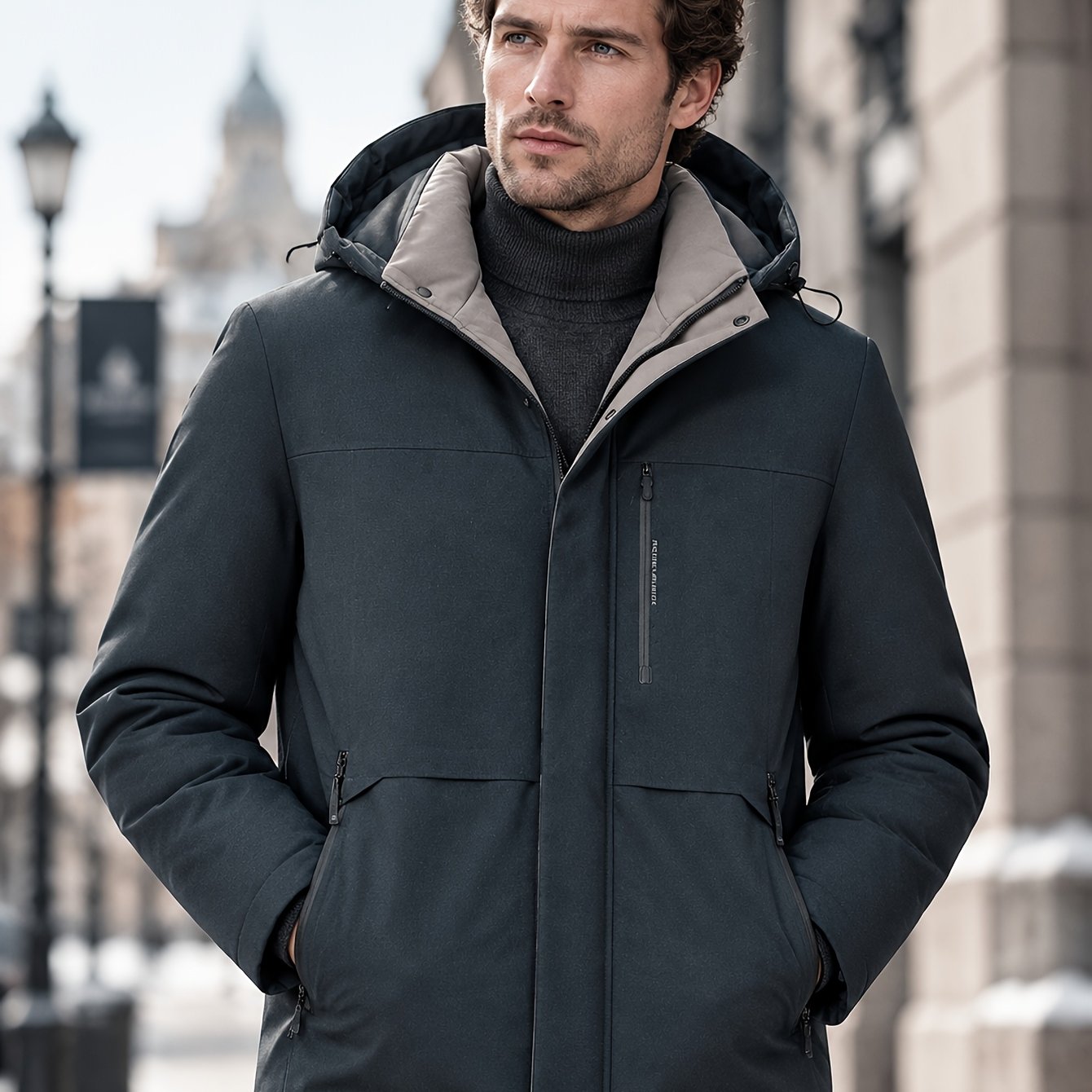 Image of Men's Hooded Lined Mid-length Jacket, Adjustable Business Outdoor Thick Warm Autumn Winter Outerwear