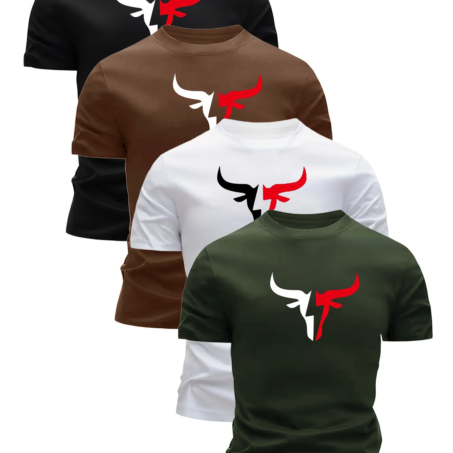 E-shop 4er-Set Herren Kurzarm T-Shirts mit gemischten Prints und Bullen-Design - Schnelltrocknend, atmungsaktiv, feuchtigkeitstransportierend, für