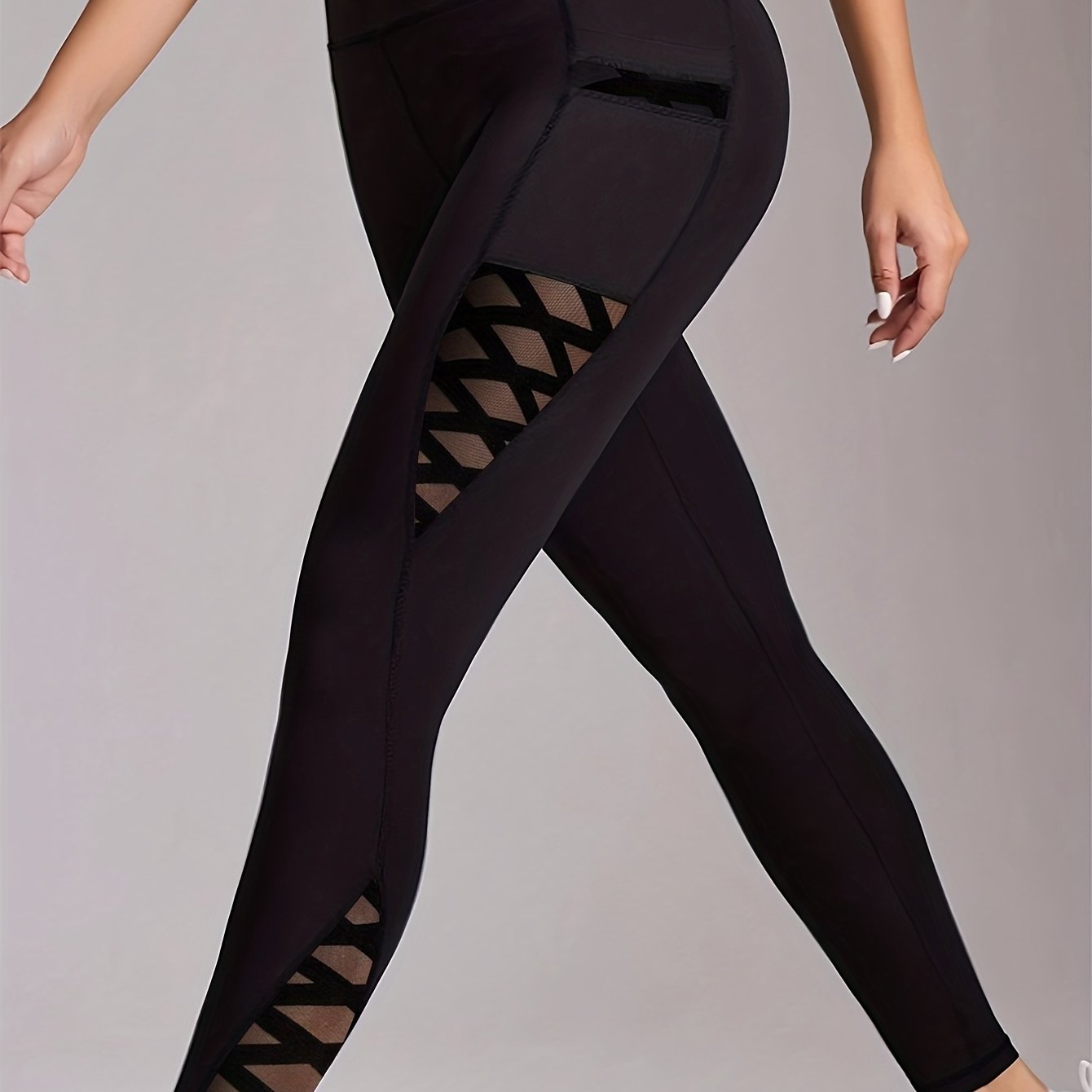 TEMU Women's Fashion -tight Leggings, Mesh Tights, Leggings With Mesh Phone Pocket Insert, Women's Pants, Spring/summer Solid Color Hollow-out Mesh