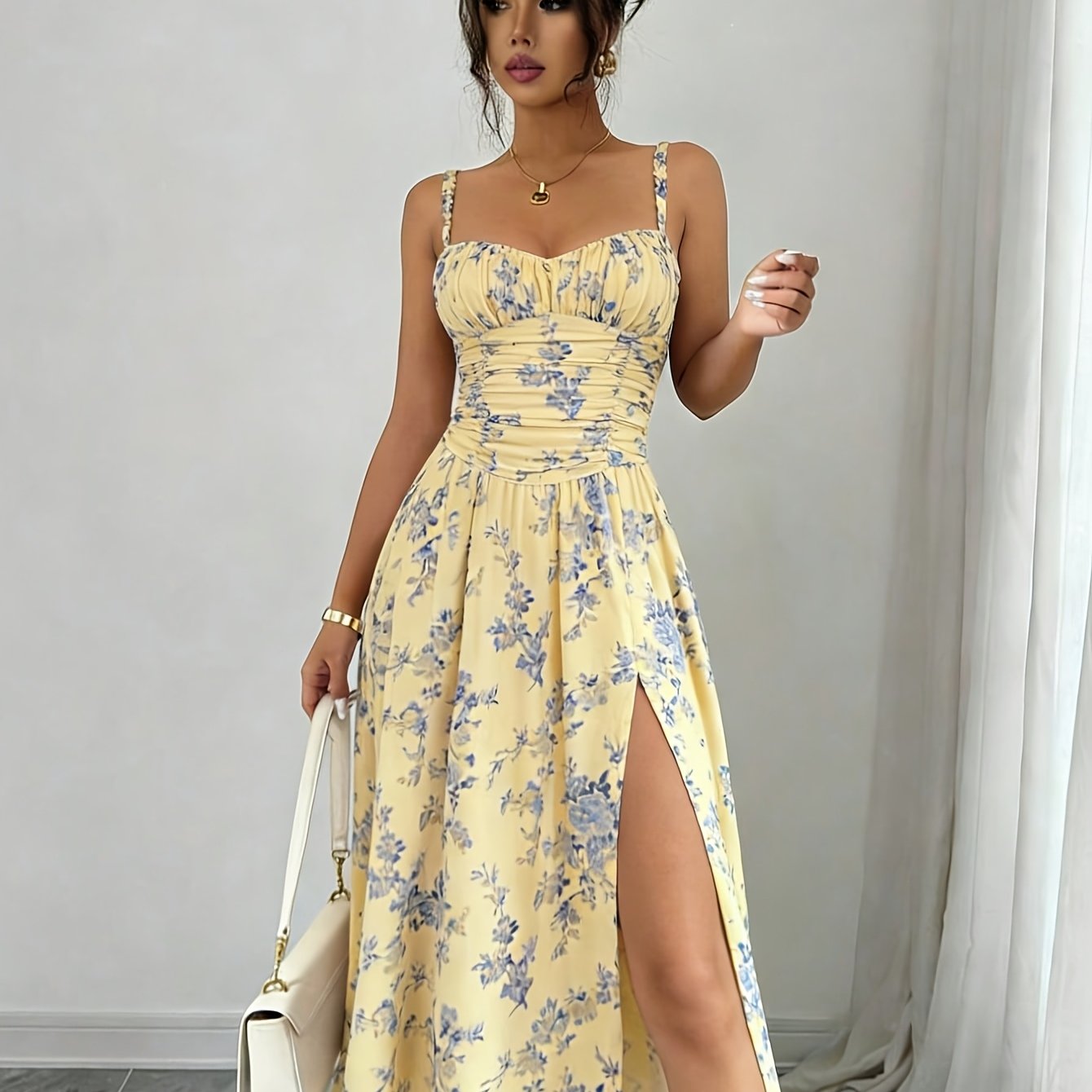 Floral Print Bohemian Style High-slit Front Dress, Suitable For Weddings, Spring/summer