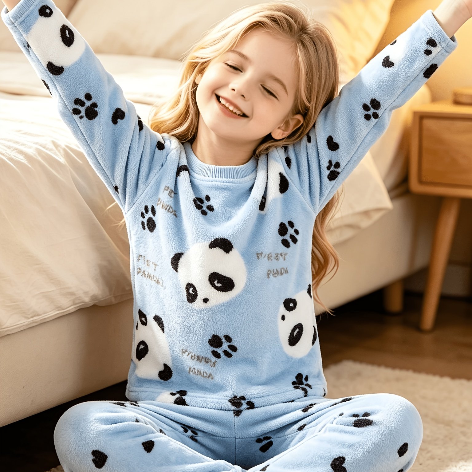 TEMU Girls' Plush Set: Cute Cartoon Panda 2pcs Outfit For Little Girls, Round Neck Warm Homewear Pajamas, Casual Loungewear. Keep Plush Products Away