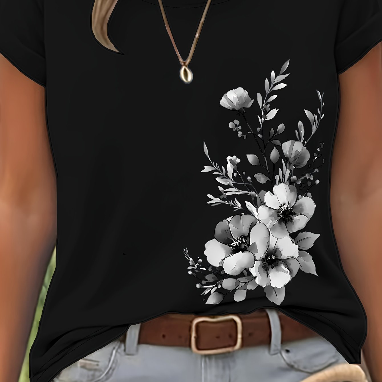 TEMU Plus Size - Plus Size - Plus Size Women's Clothing, Floral Watercolor Printed Short Sleeve T-shirt, Casual Crew Neck, Lightweight Breathable