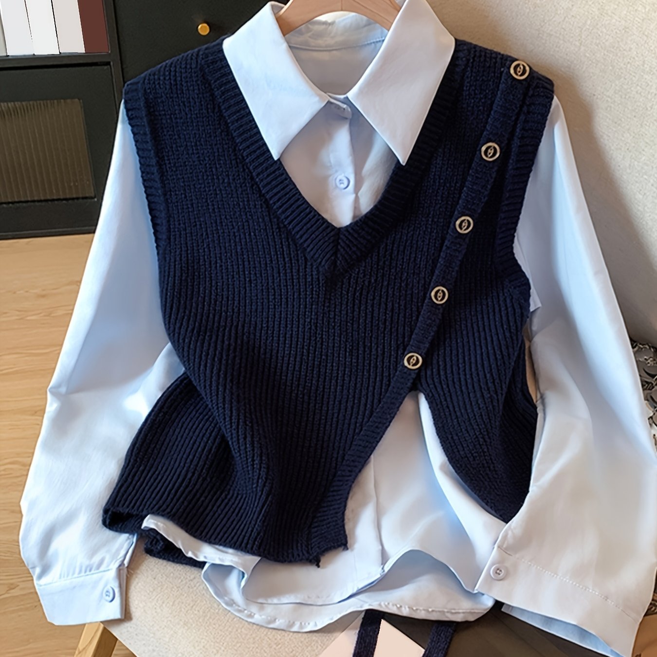 TEMU Gilet Femme Automne/Hiver Couleur Unie à Côtes Verticales et Col en V avec Boutons-pression Métalliques Diagonaux, Fente au Dos, Bretelles à ,