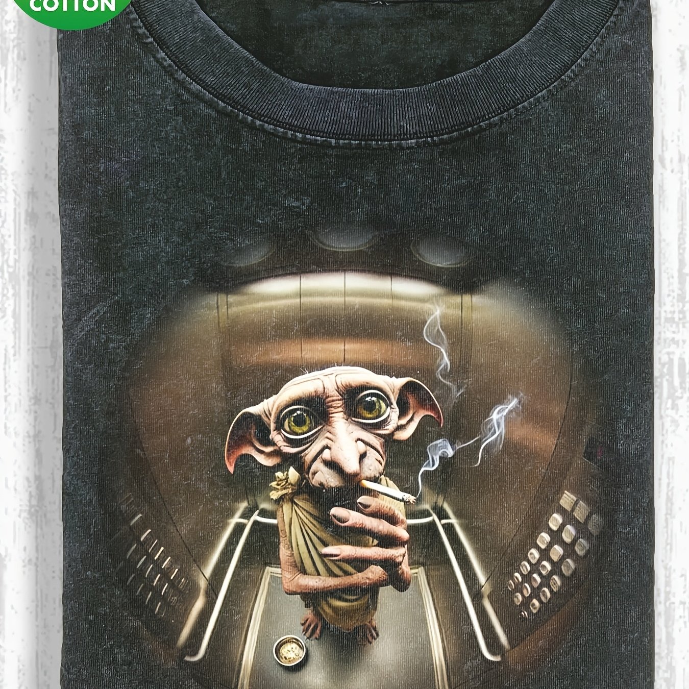 Image of Smoking Dobby In Elevator Meme Washed Men's T-shirt, 230g Pure, Men's Summer Clothing, Vintage Distressed Style, Men's Gift, Casual Outing And Vacation