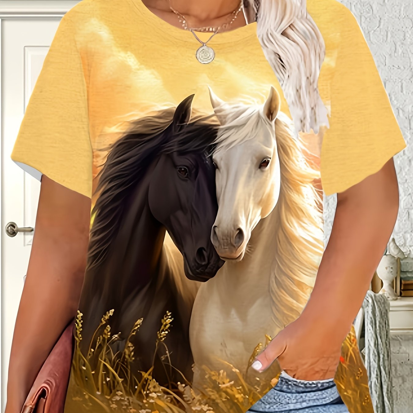 TEMU Yellow Background With Black And White Double Horse Grass Print T-shirt For Women, Featuring A Comfortable Round Neck And Short Sleeves, Perfect