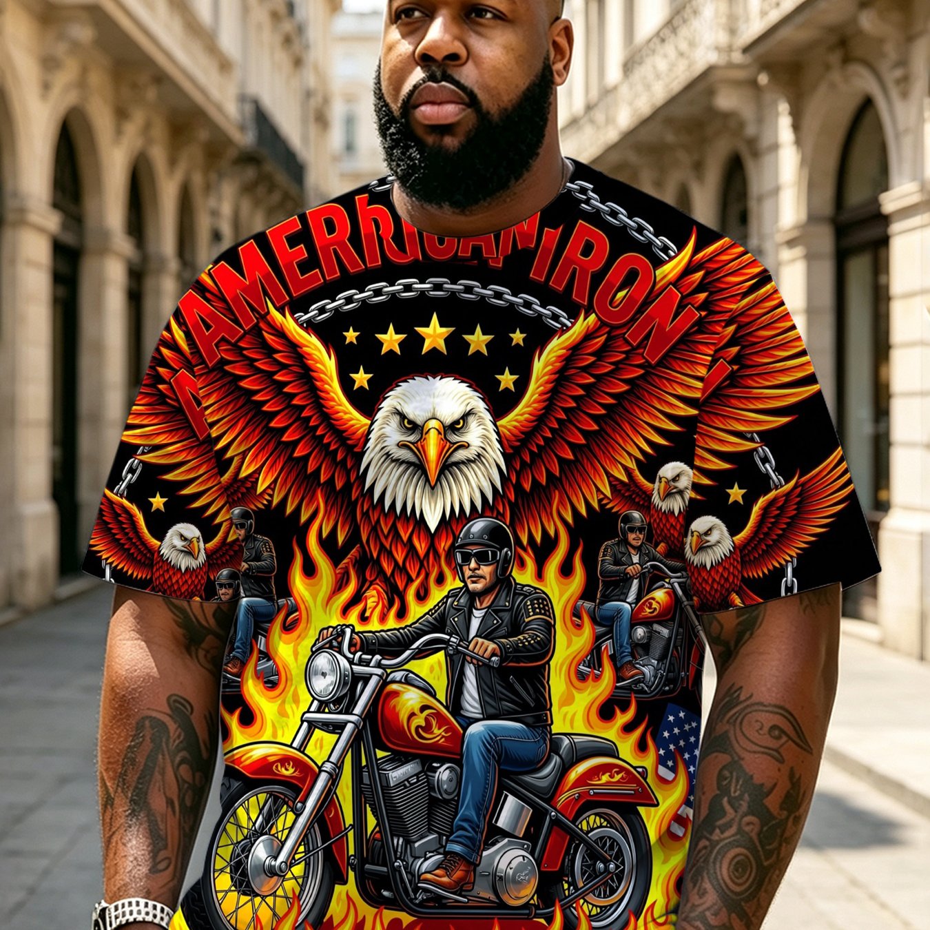 TEMU Plus Size Men's Casual Breathable Trendy T-shirt - Eagle Flame Motorcycle Men's Plus Size T-shirt For Multi-scene Wear, Men's Summer Top With