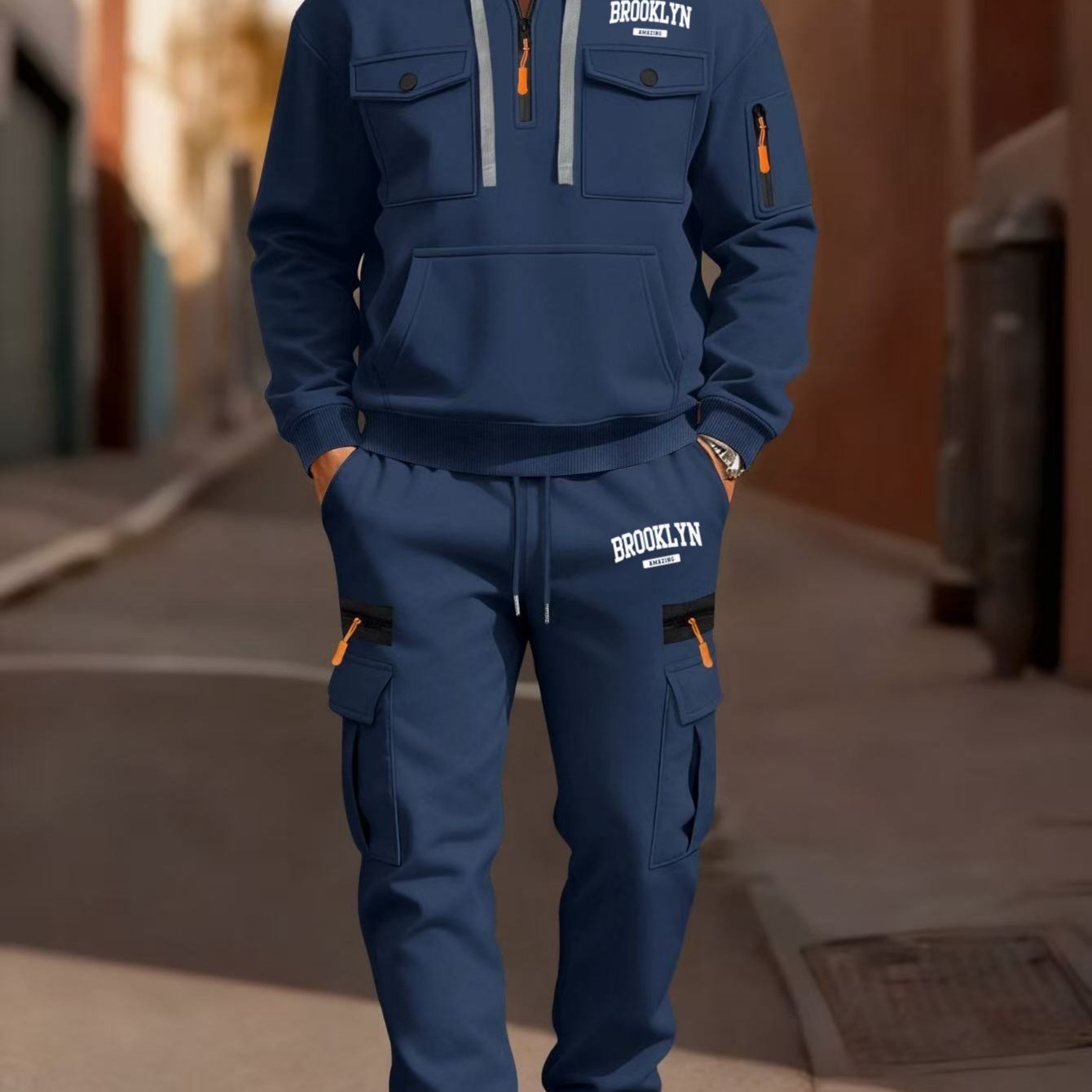 TEMU New Outdoor Men's Fashion Printed Hooded Sweatshirt + Sporty Casual Cargo Pants Set