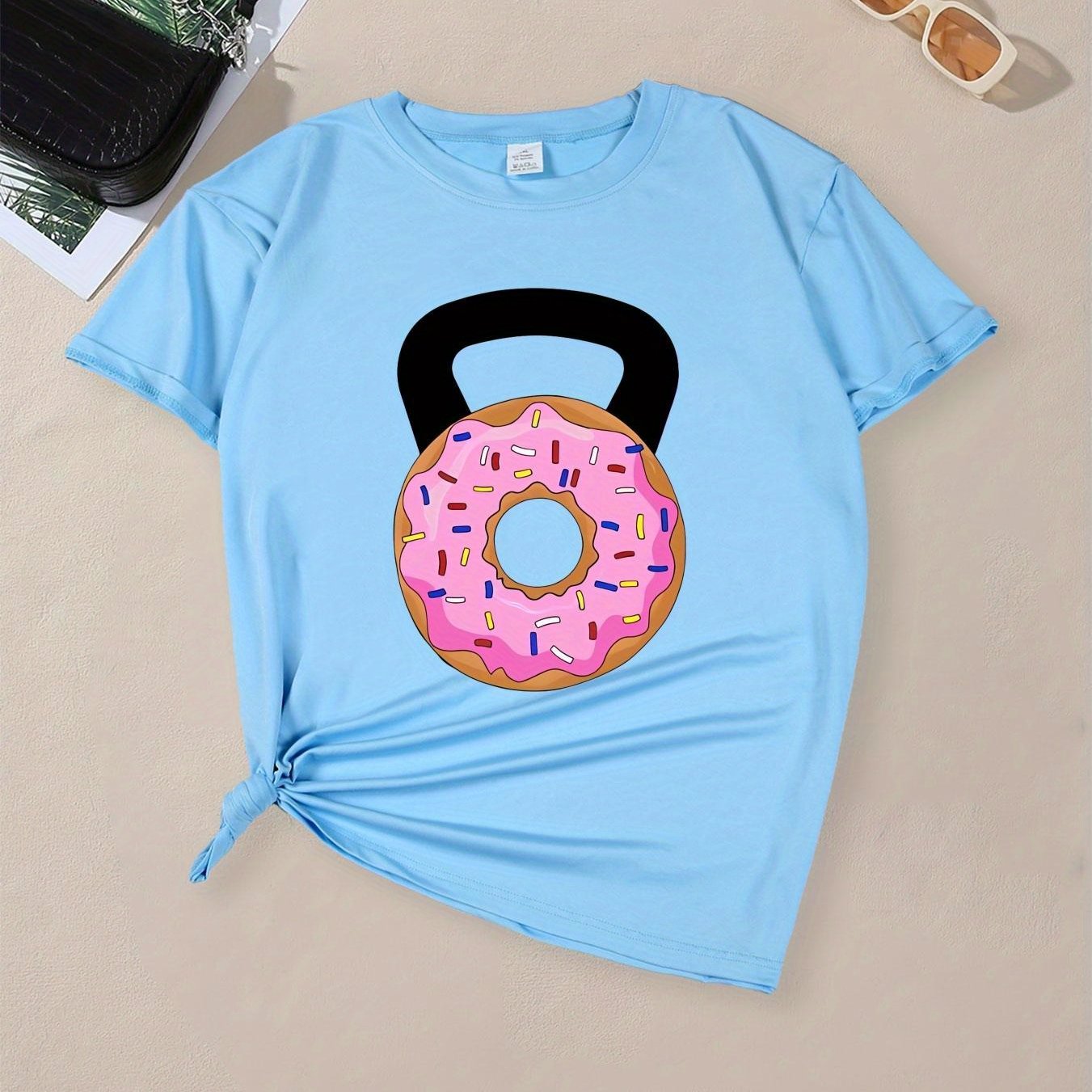 TEMU Cookie-themed Design For Fitness Equipment Print, Casual Breathable Short Sleeves, Refreshing Short-sleeve Women's T-shirt