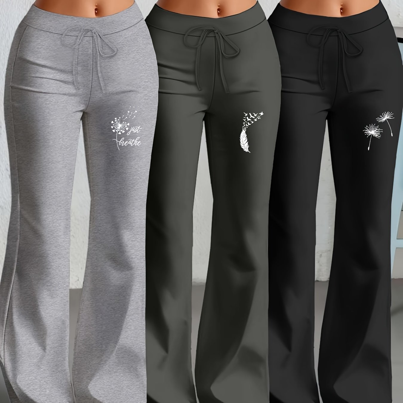 TEMU Three-piece Set Of Casual Classic Straight Pants With A Flare, Featuring Dandelion Print